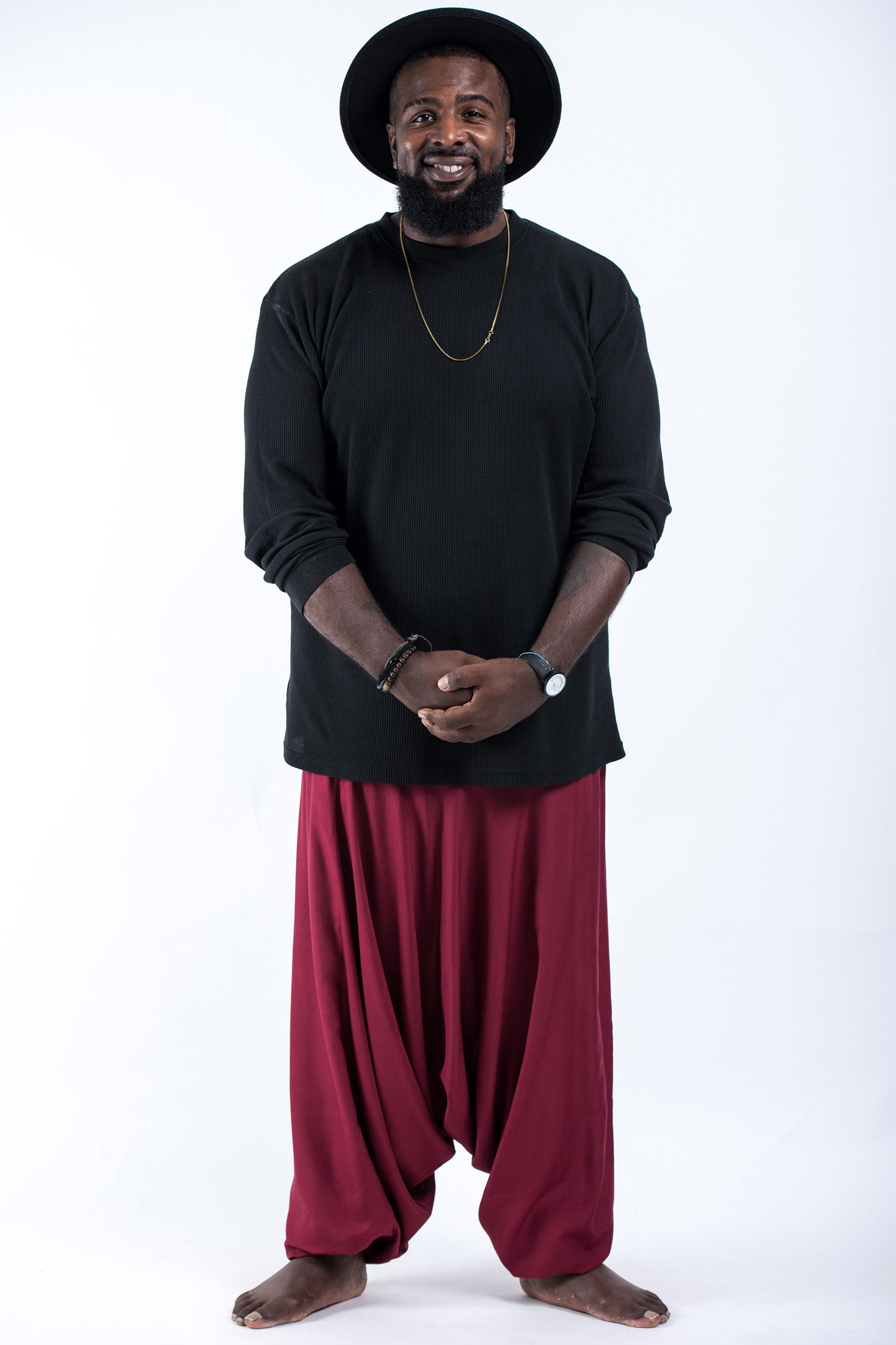 Plus Size Solid Color Drop Crotch Men's Harem Pants in Red