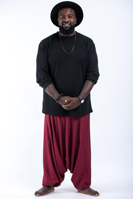 Plus Size Solid Color Drop Crotch Men's Harem Pants in Red