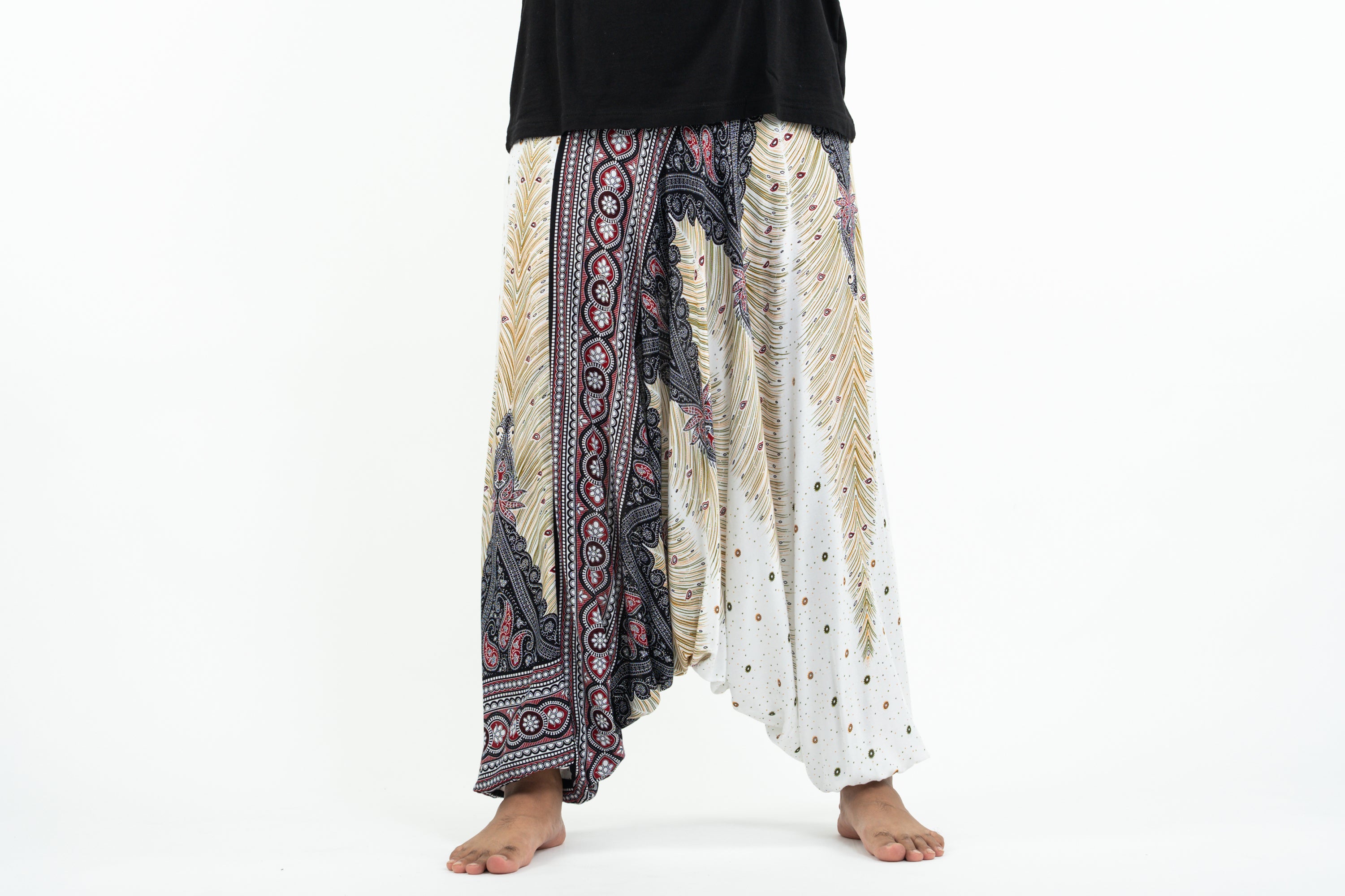 Plus Size Peacock Feathers Drop Crotch Men's Harem Pants in White