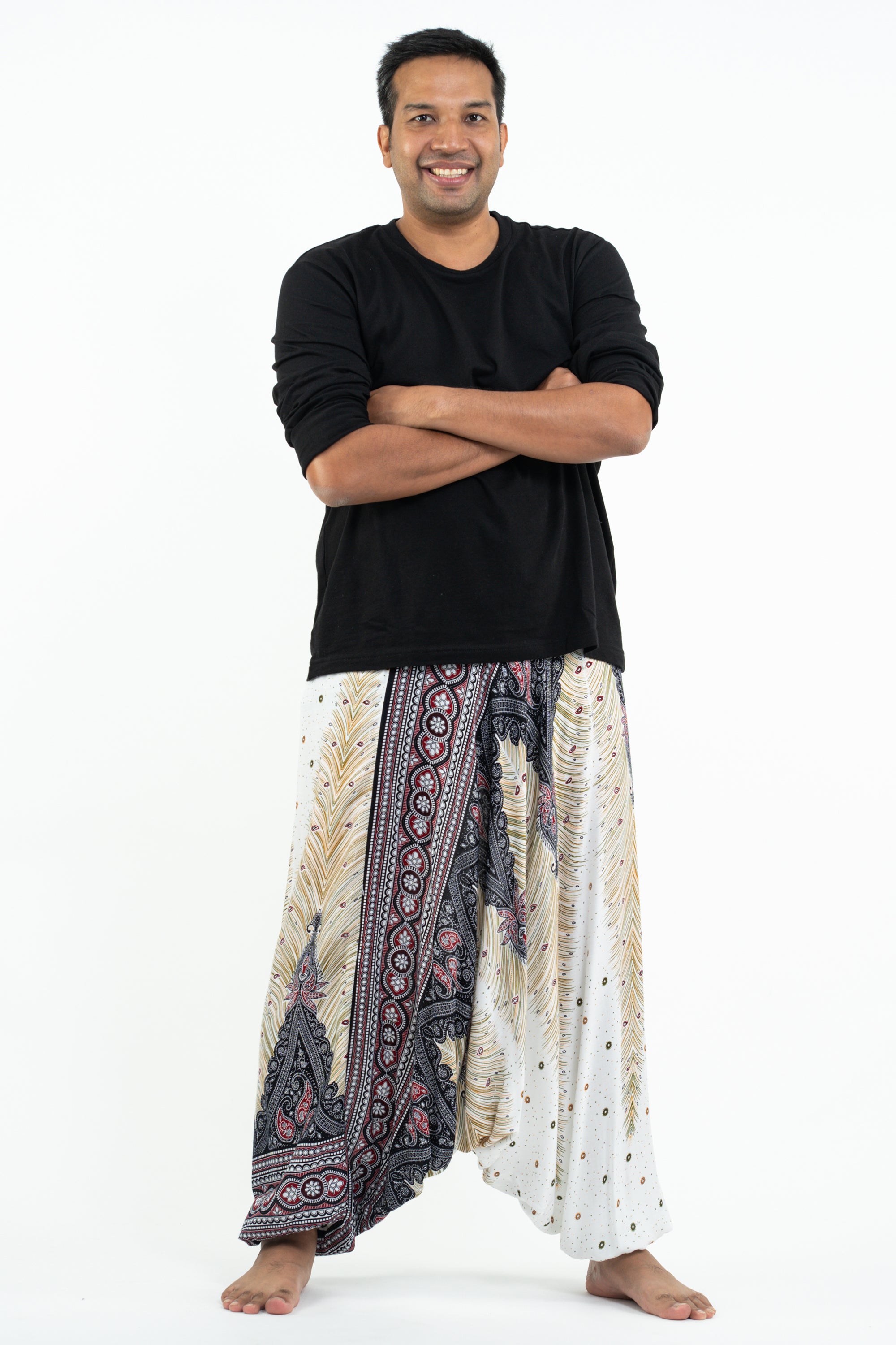 Plus Size Peacock Feathers Drop Crotch Men's Harem Pants in White
