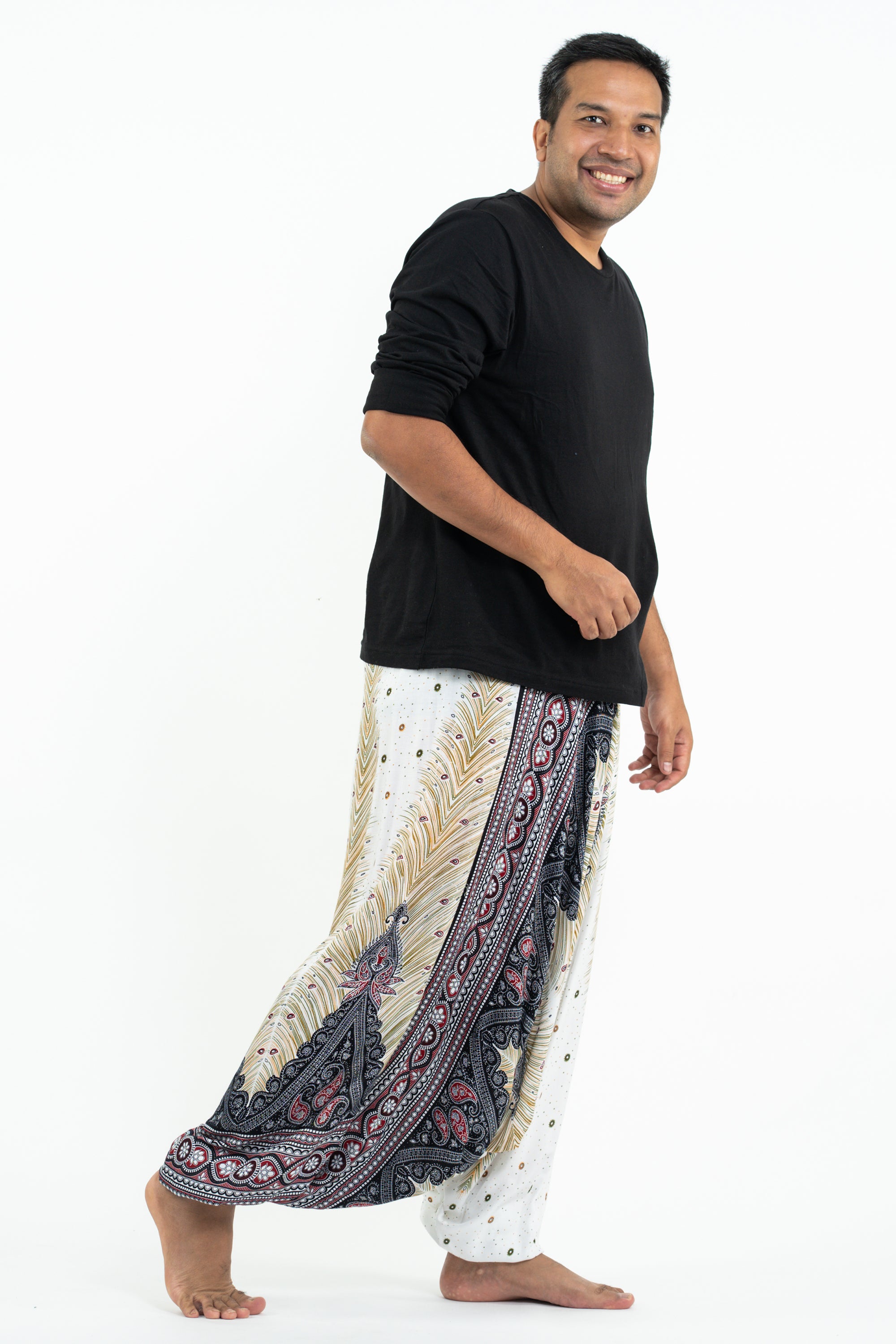 Plus Size Peacock Feathers Drop Crotch Men's Harem Pants in White