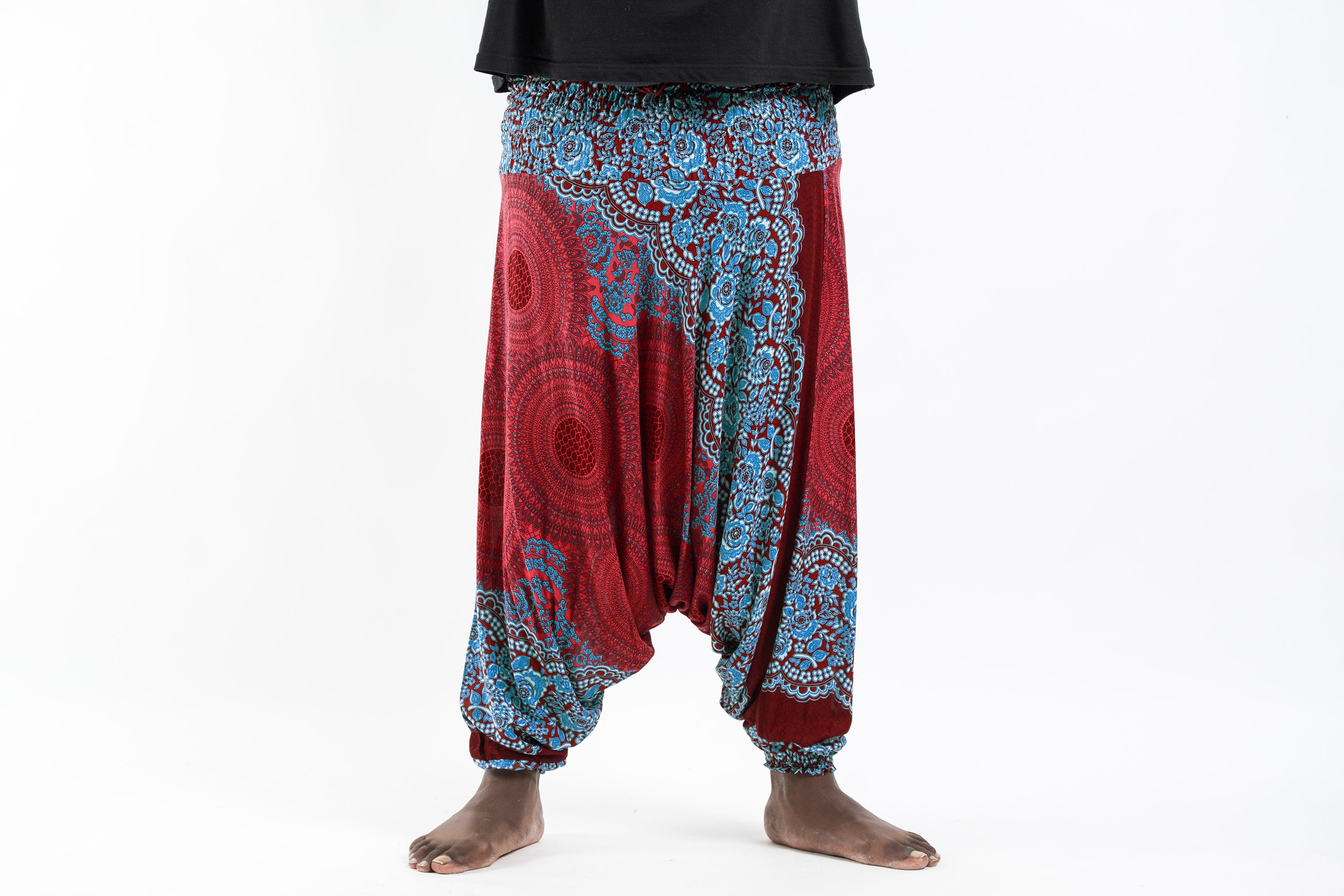 Plus Size Geometric Mandalas Drop Crotch Men's Harem Pants in Red