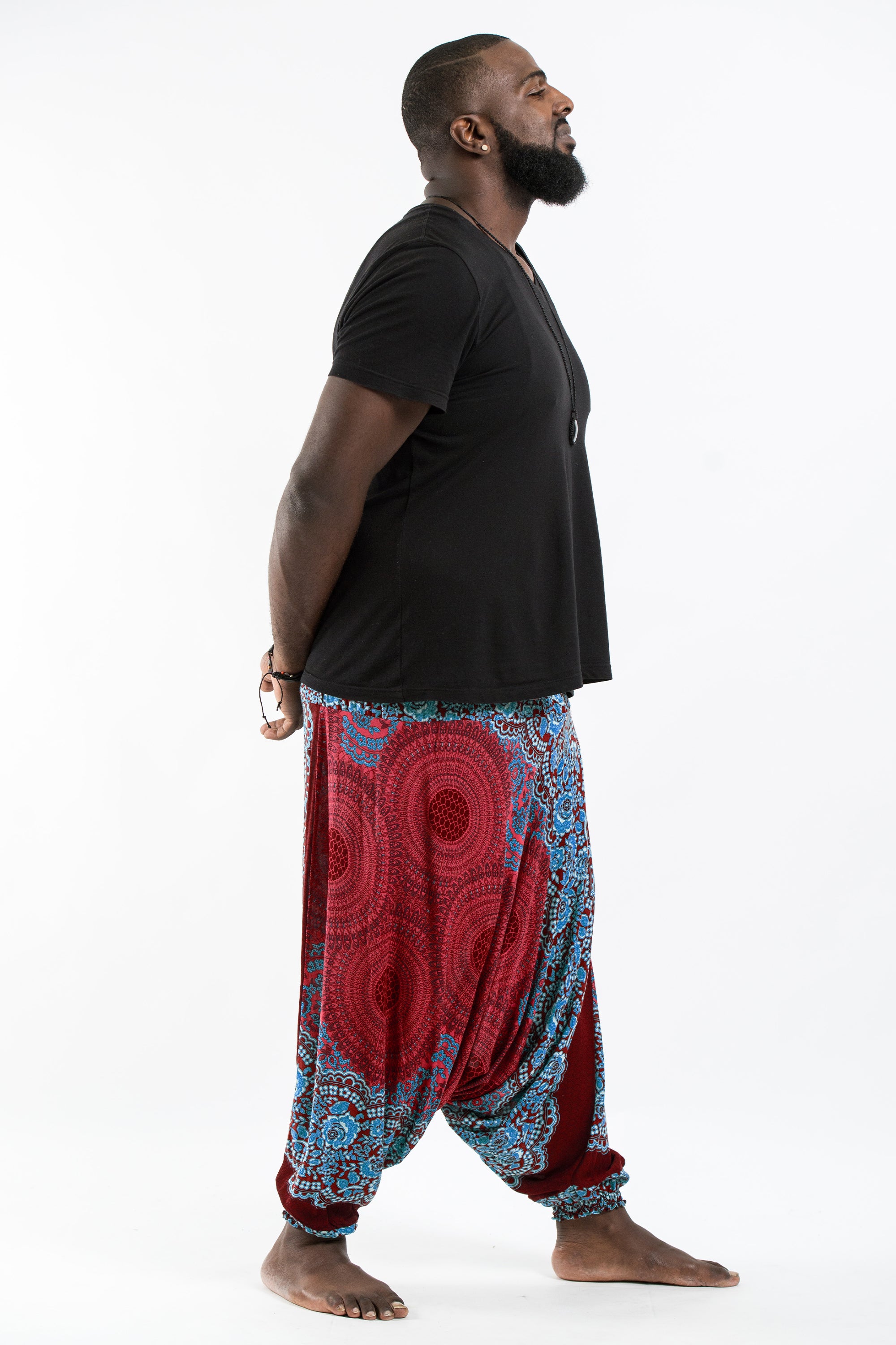 Plus Size Geometric Mandalas Drop Crotch Men's Harem Pants in Red