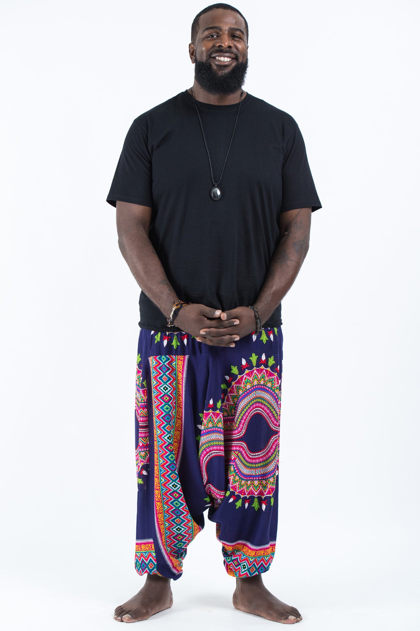 Plus Size Dashiki Prints Drop Crotch Men's Harem Pants in Navy