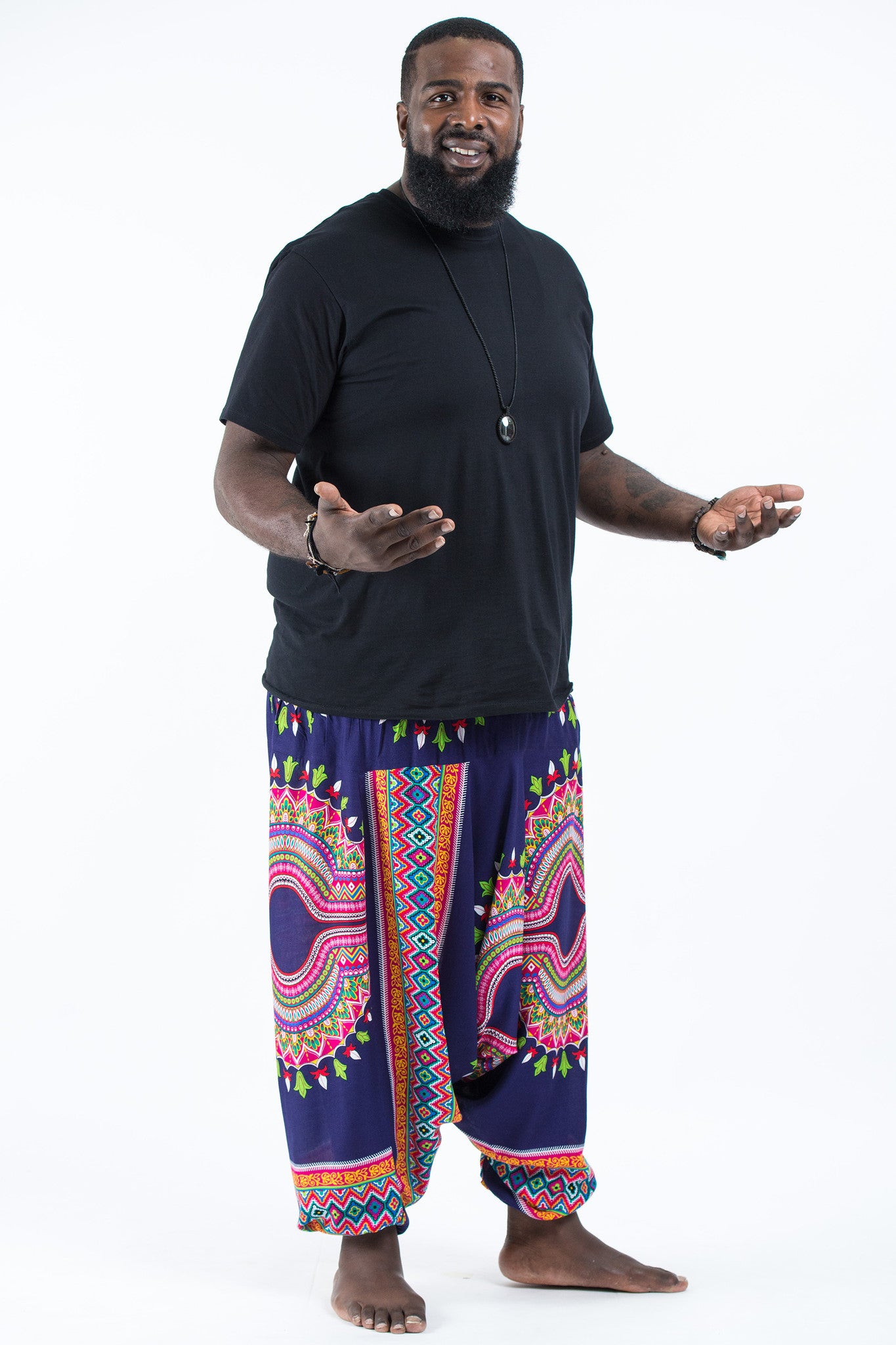 Plus Size Dashiki Prints Drop Crotch Men's Harem Pants in Navy