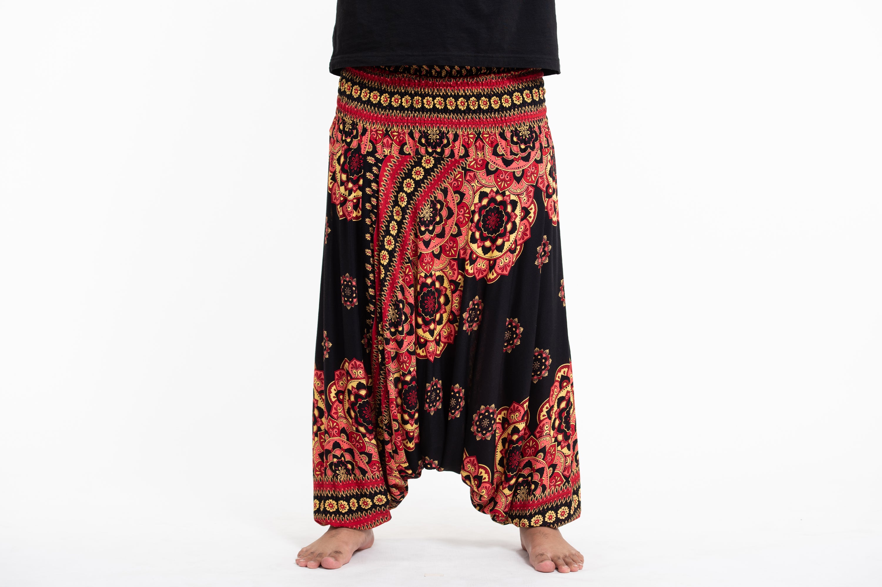 Plus Size Lotus Mandalas Drop Crotch Men's Harem Pants in Black