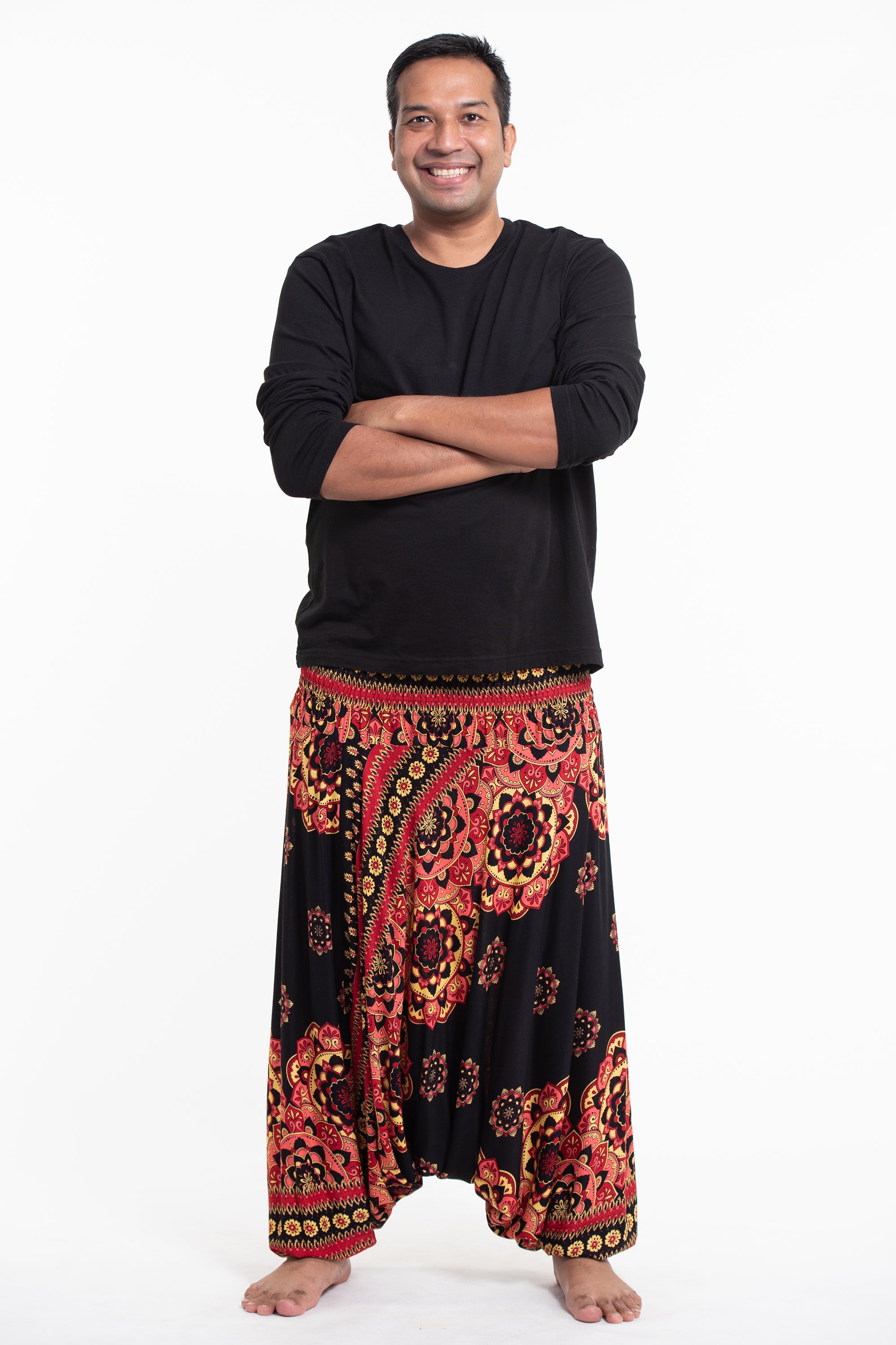 Plus Size Lotus Mandalas Drop Crotch Men's Harem Pants in Black