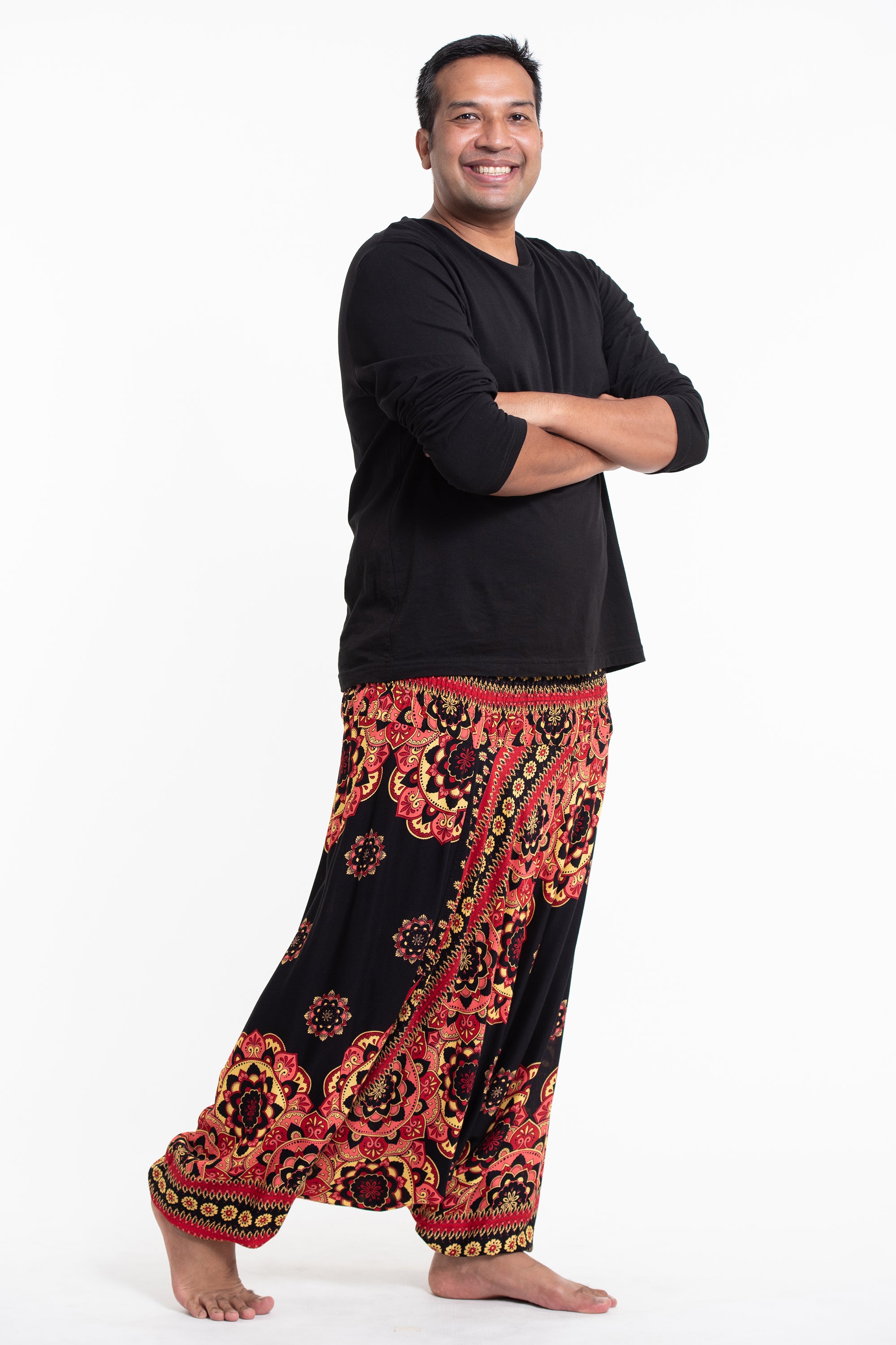 Plus Size Lotus Mandalas Drop Crotch Men's Harem Pants in Black