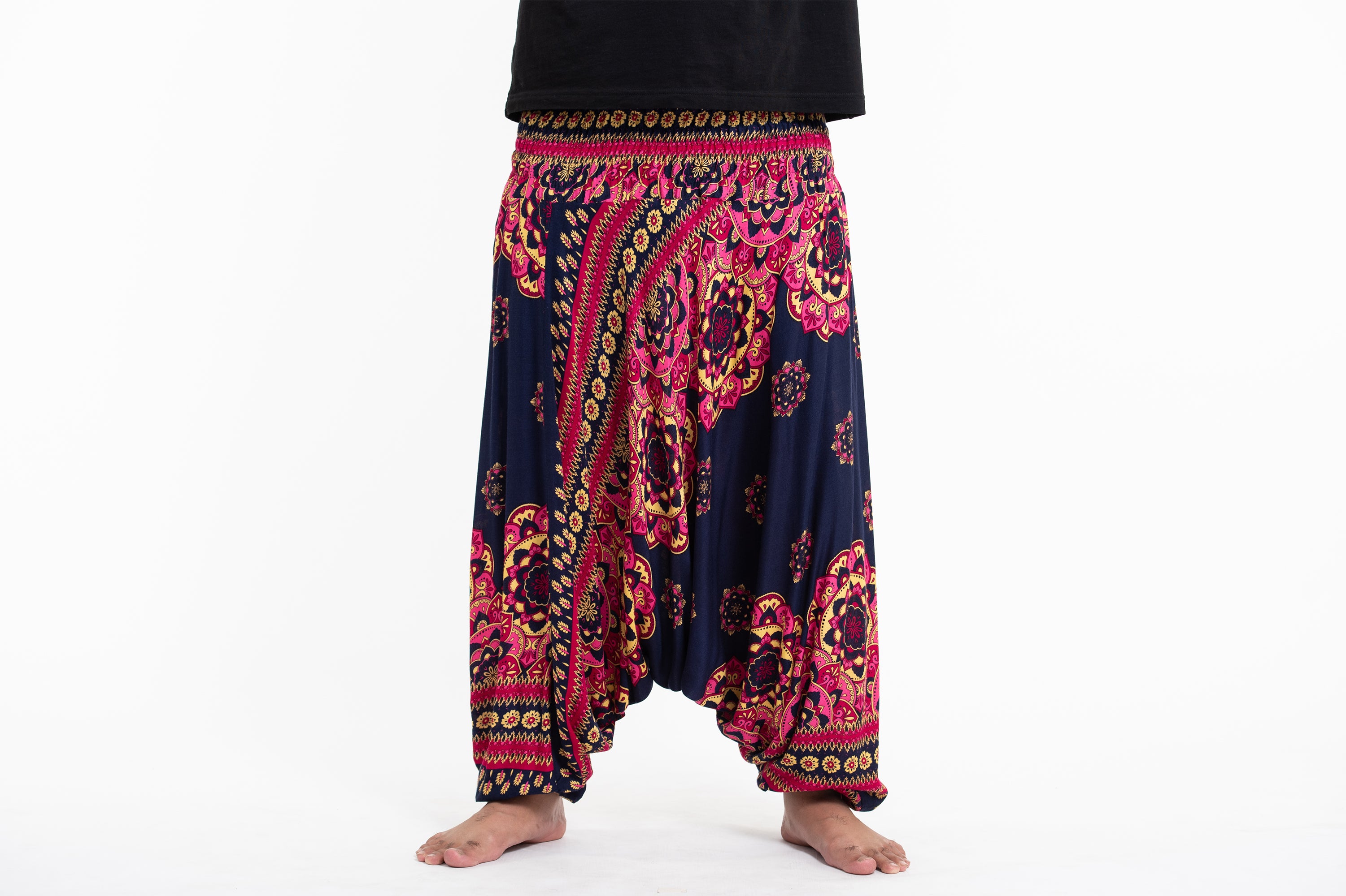 Plus Size Lotus Mandalas Drop Crotch Men's Harem Pants in Navy