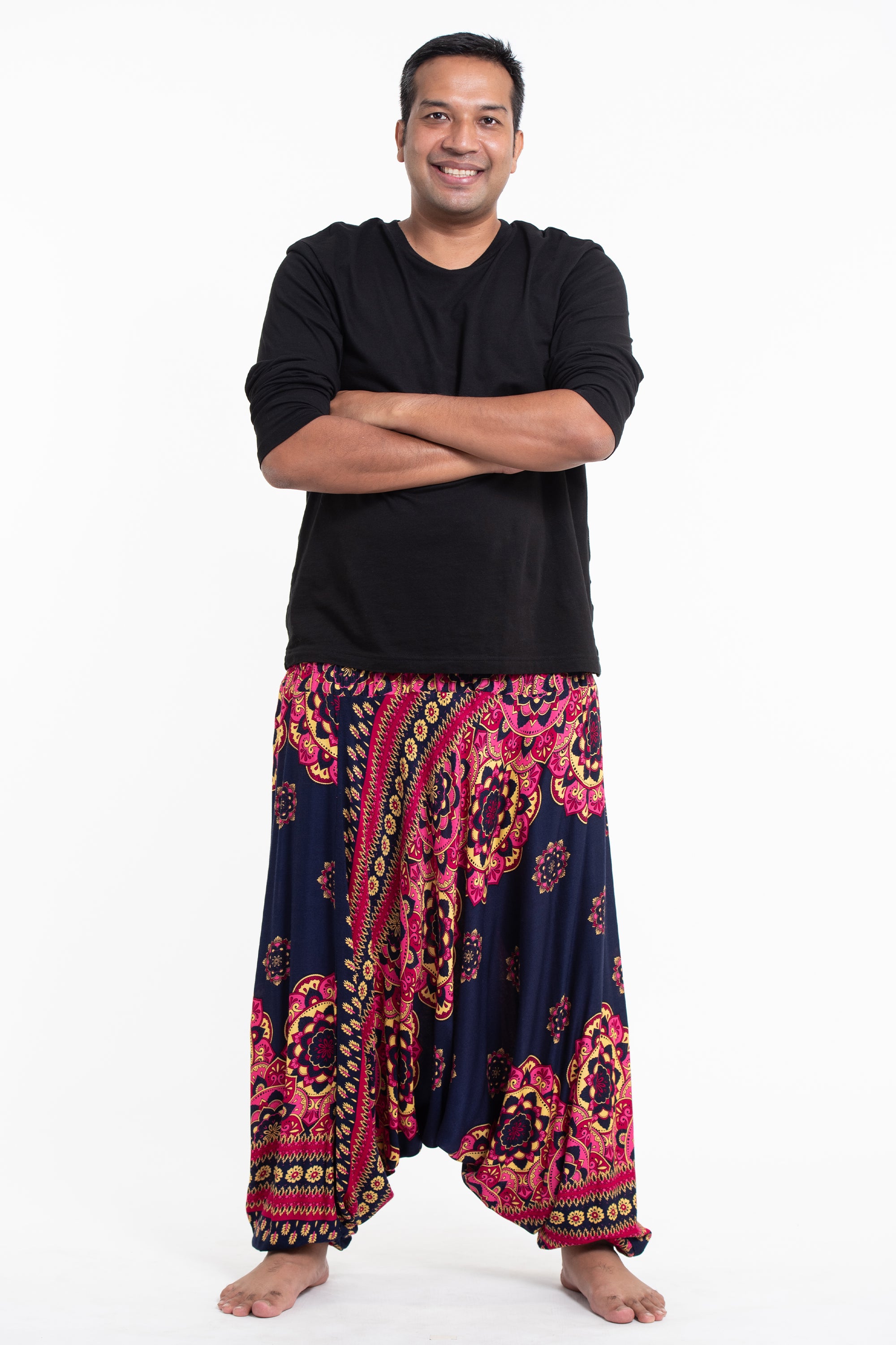 Plus Size Lotus Mandalas Drop Crotch Men's Harem Pants in Navy