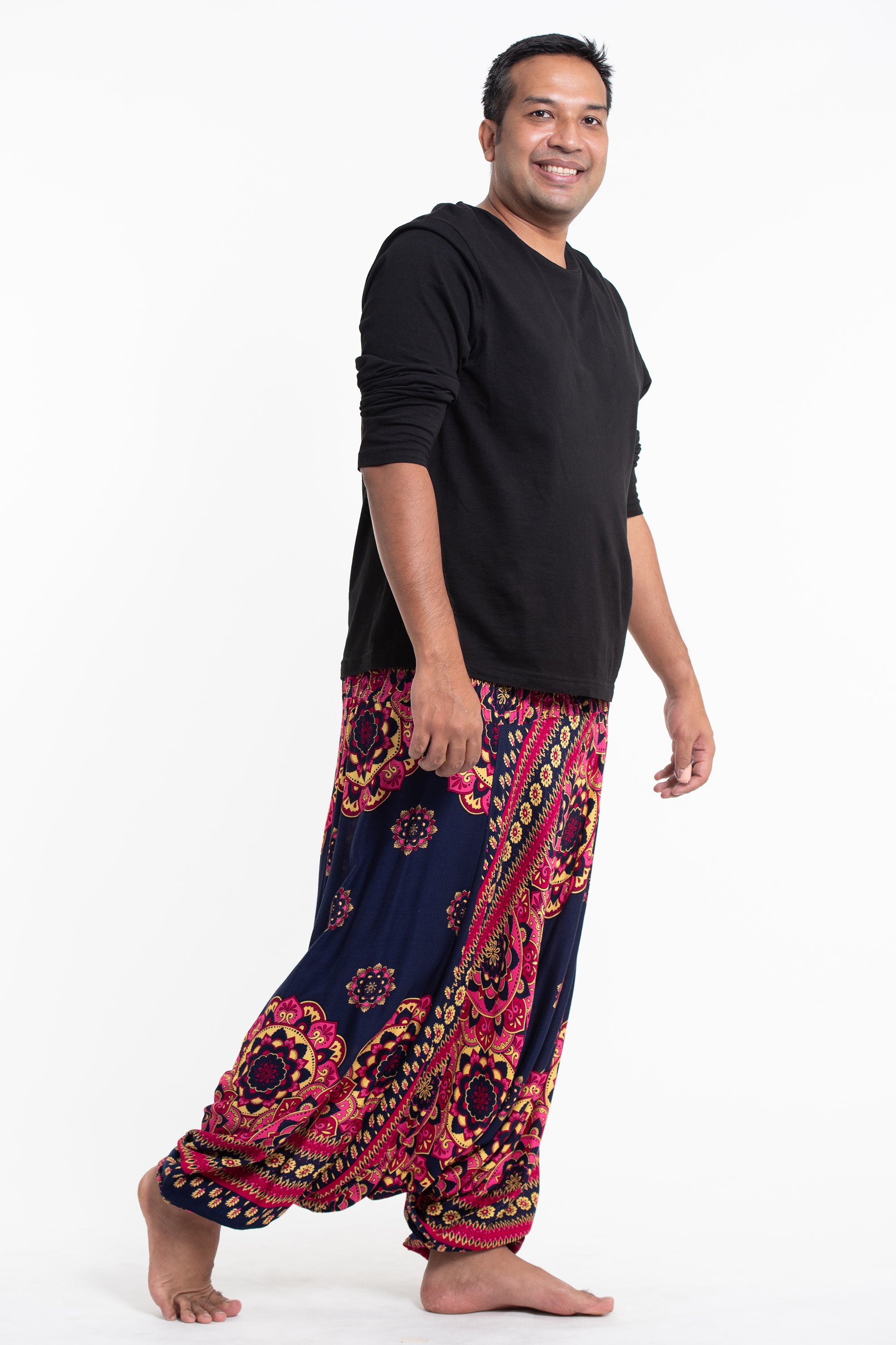 Plus Size Lotus Mandalas Drop Crotch Men's Harem Pants in Navy