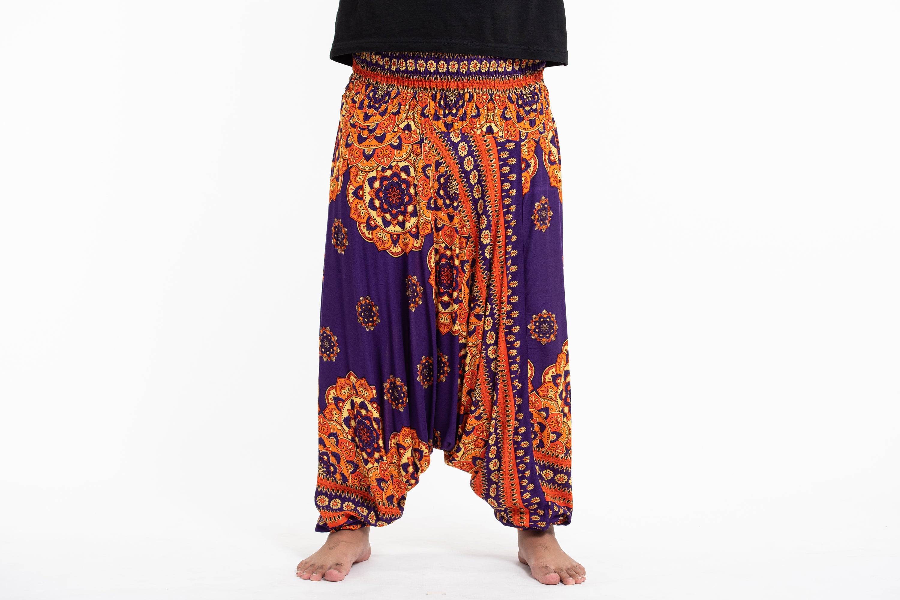 Plus Size Lotus Mandalas Drop Crotch Men's Harem Pants in Purple