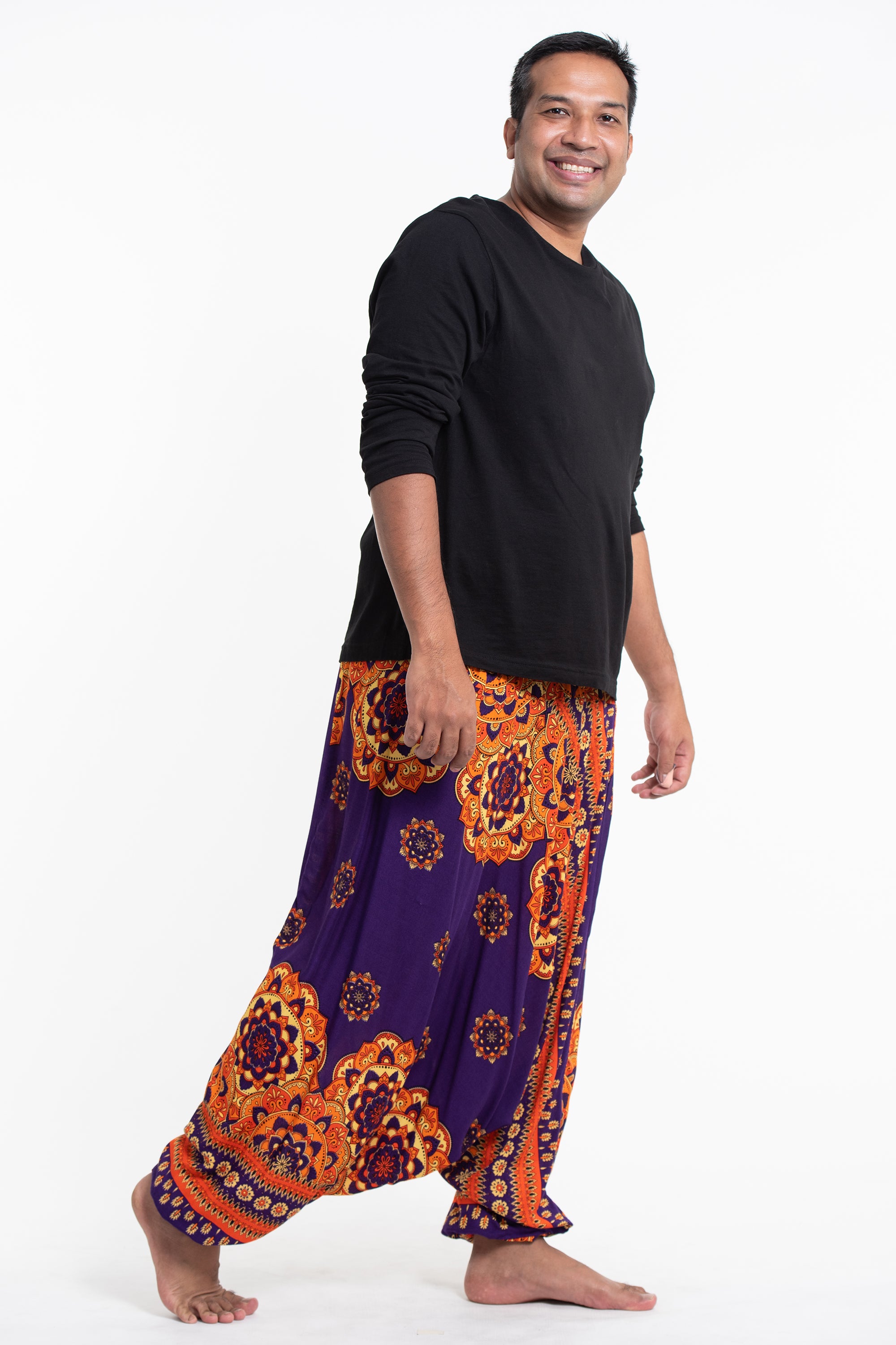 Plus Size Lotus Mandalas Drop Crotch Men's Harem Pants in Purple