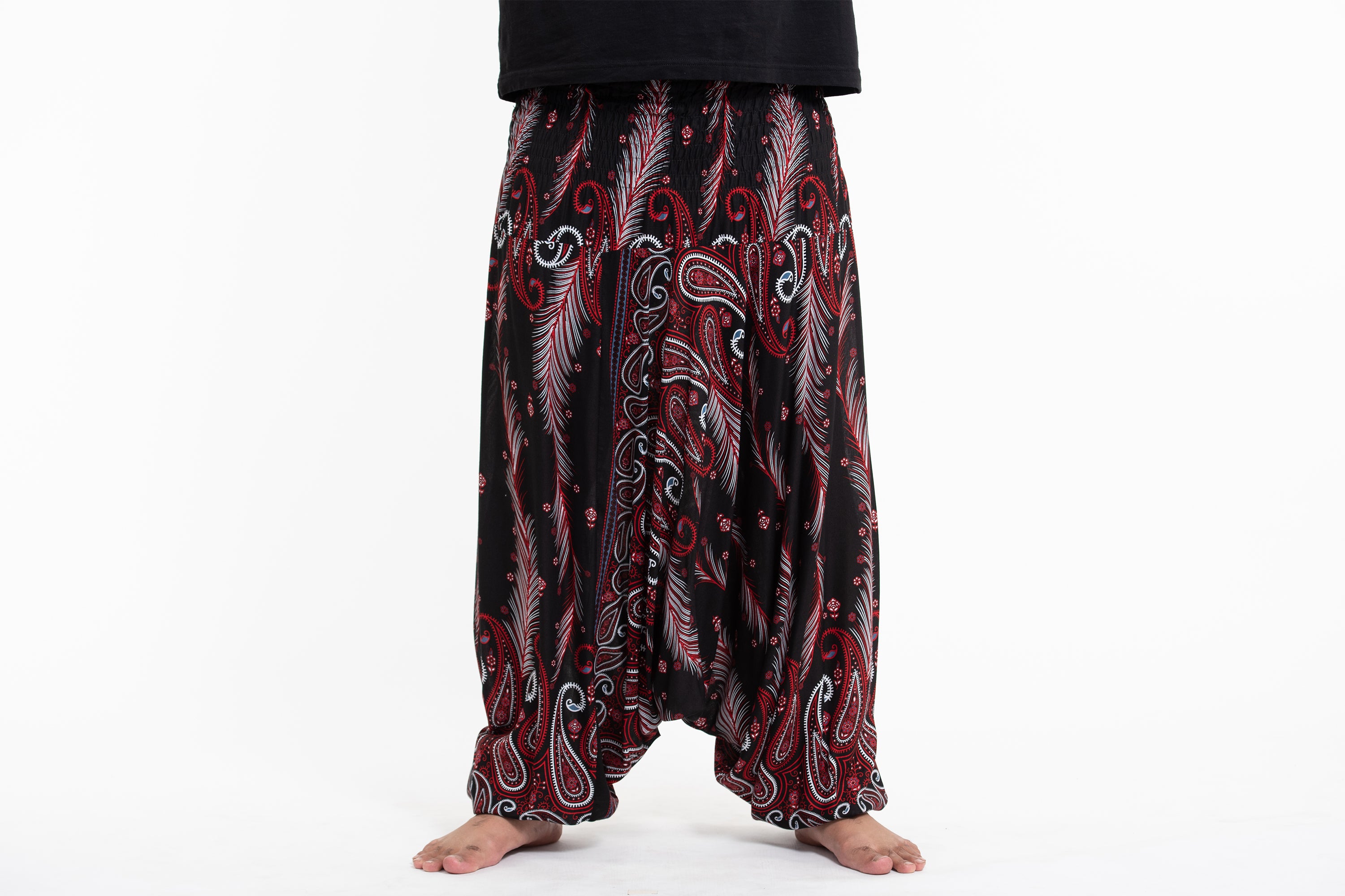 Plus Size Paisley Feathers Drop Crotch Men's Harem Pants in Black