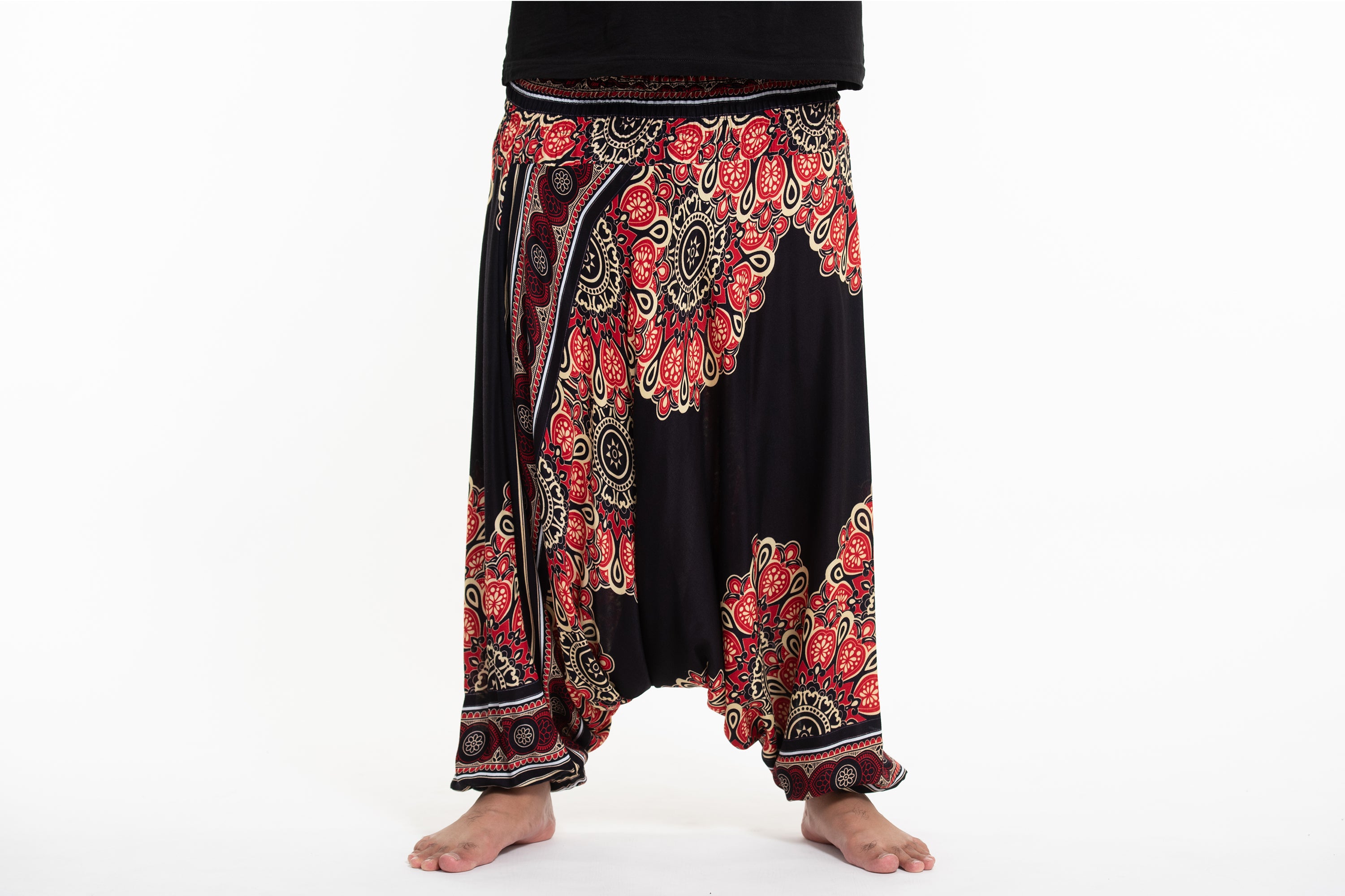 Plus Size Peony Mandalas Drop Crotch Men's Harem Pants in Black