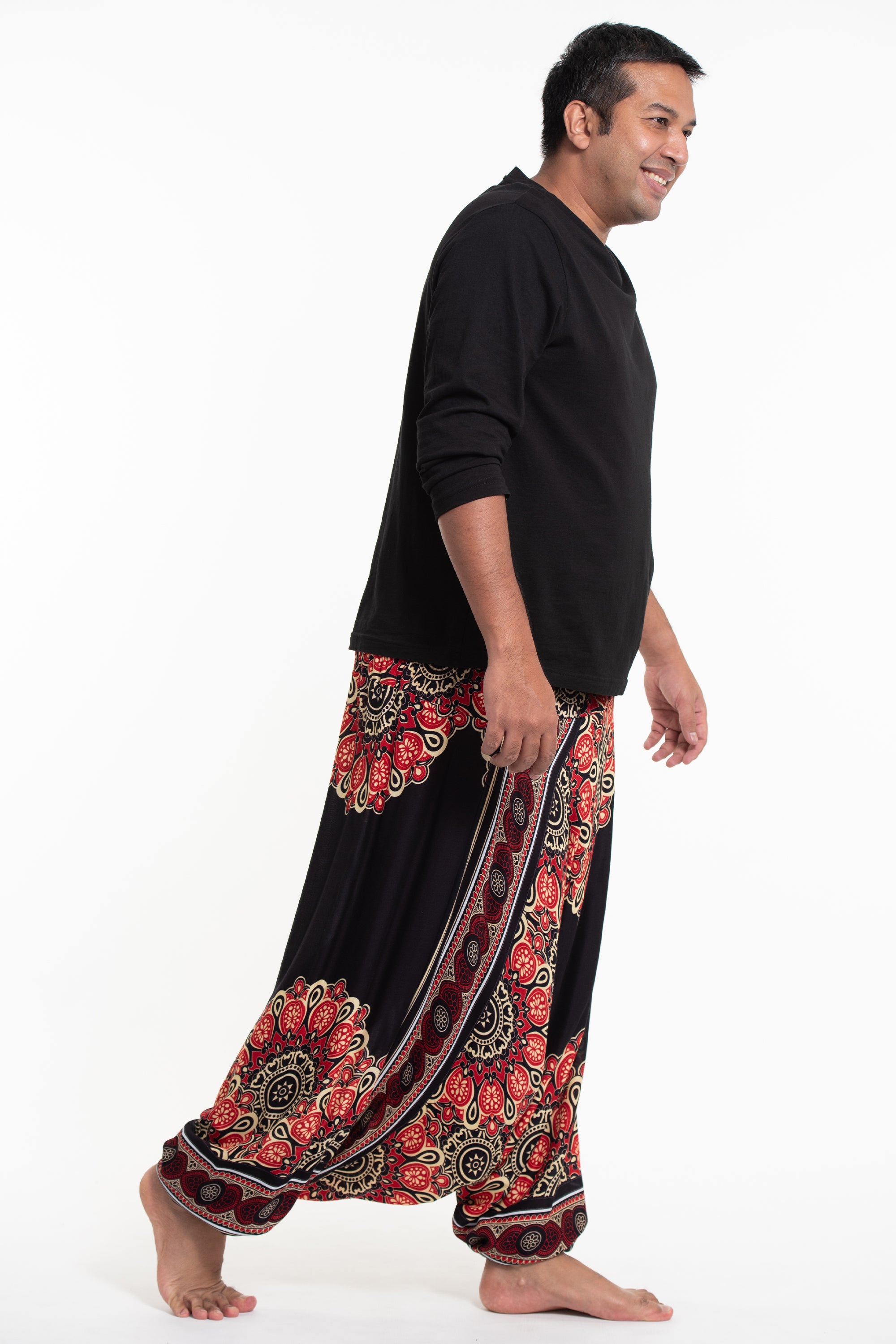 Plus Size Peony Mandalas Drop Crotch Men's Harem Pants in Black