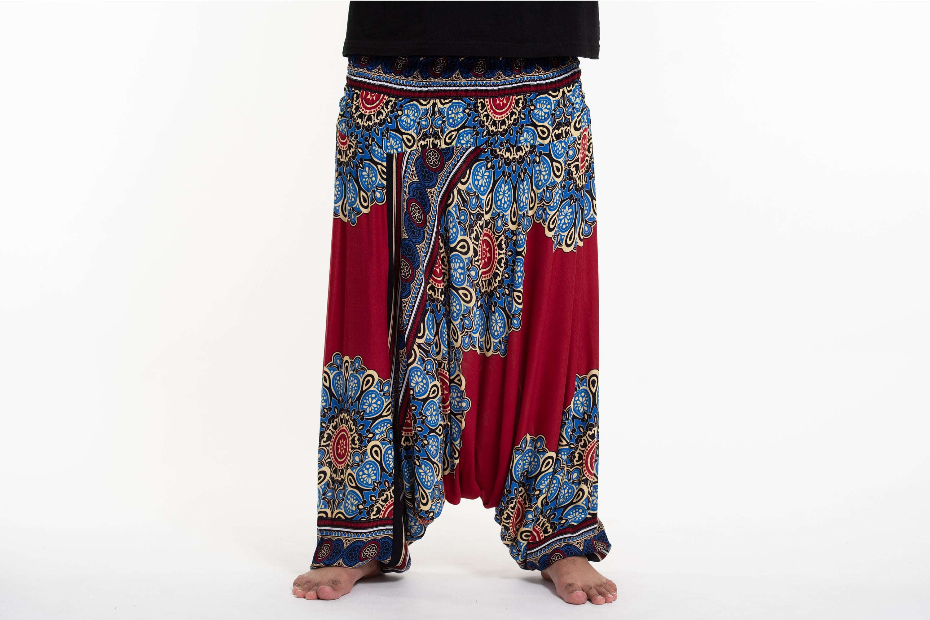 Plus Size Peony Mandalas Drop Crotch Men's Harem Pants in Red