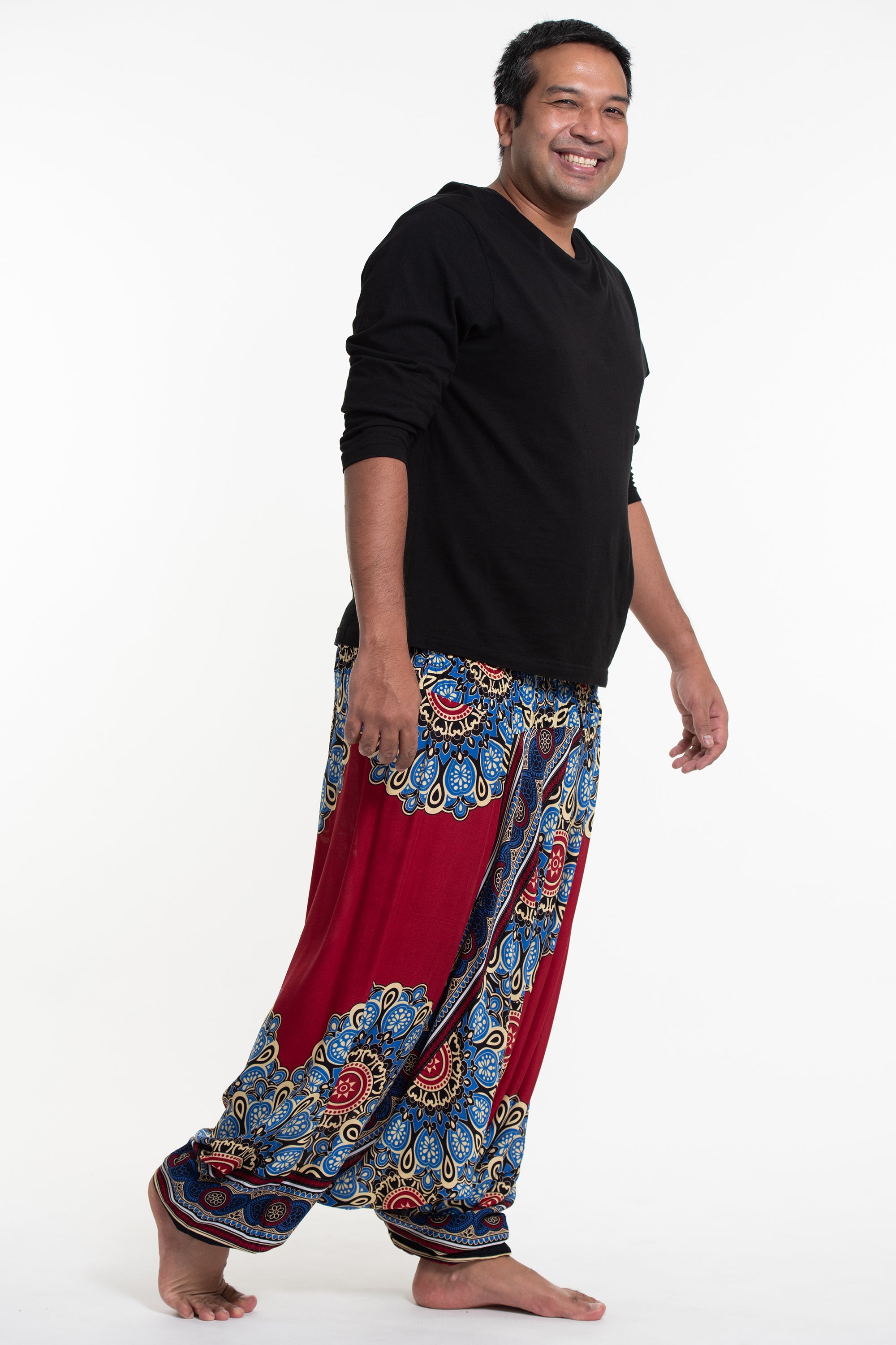 Plus Size Peony Mandalas Drop Crotch Men's Harem Pants in Red