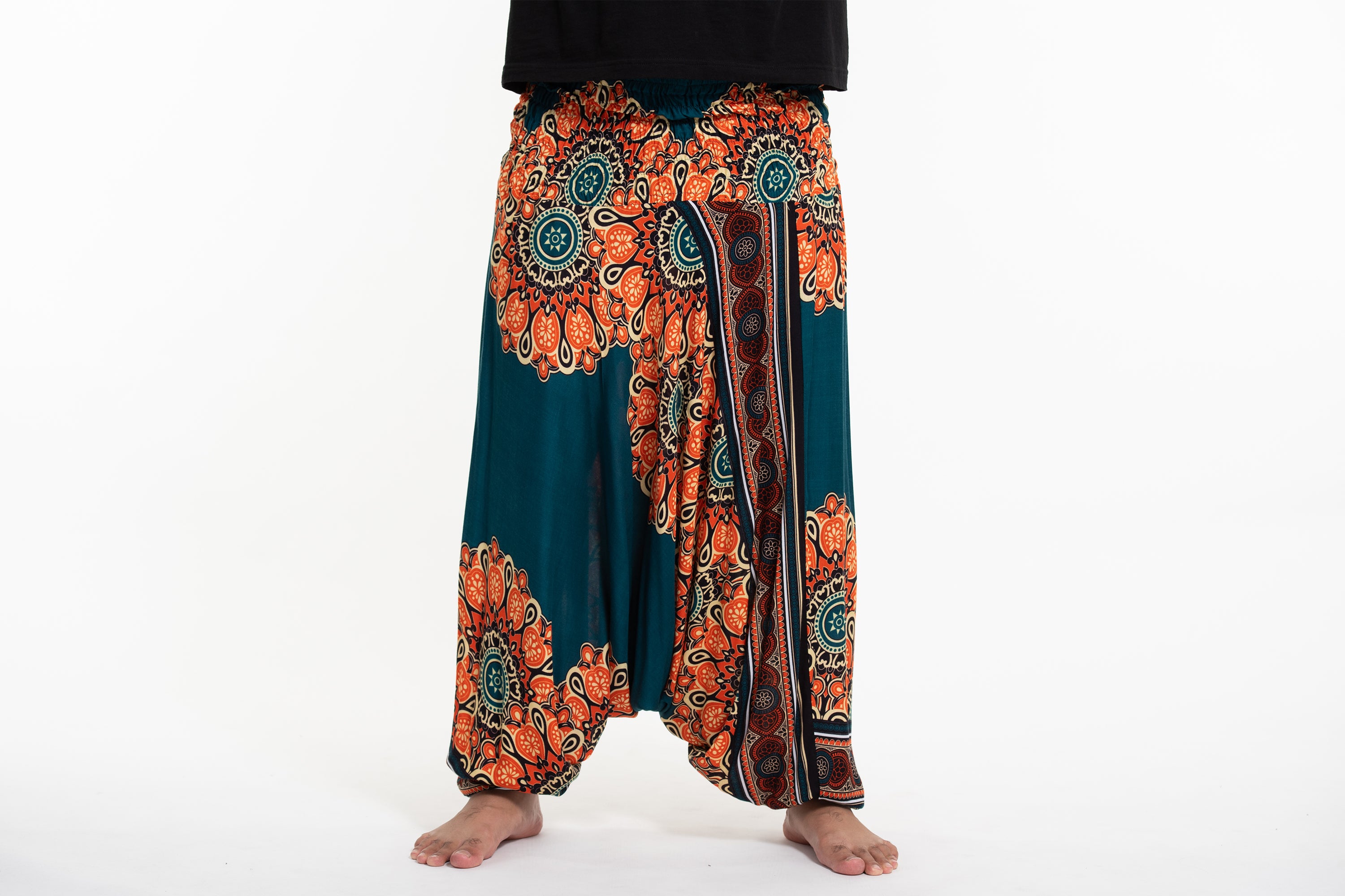 Plus Size Peony Mandalas Drop Crotch Men's Harem Pants in Teal