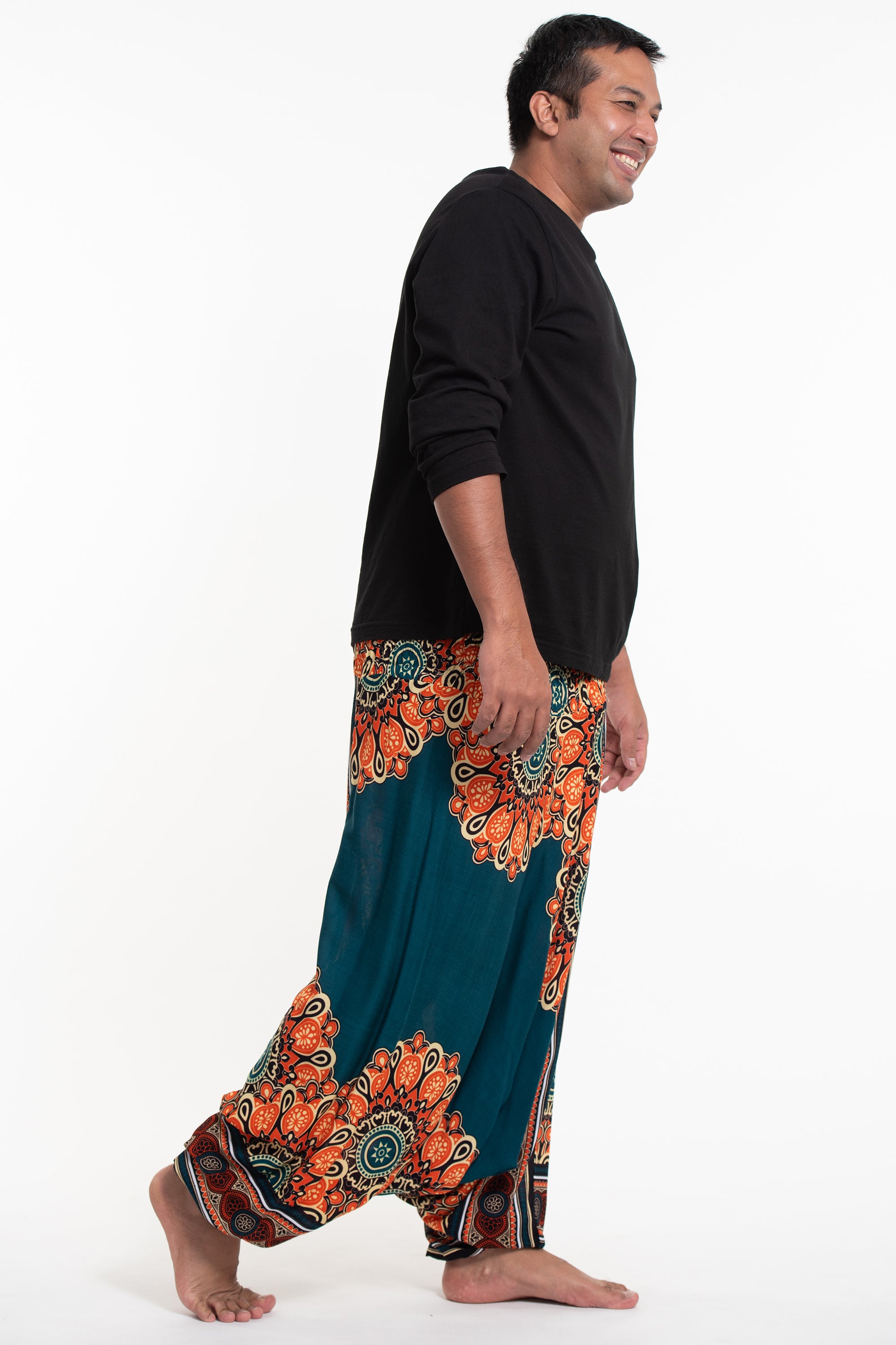 Plus Size Peony Mandalas Drop Crotch Men's Harem Pants in Teal