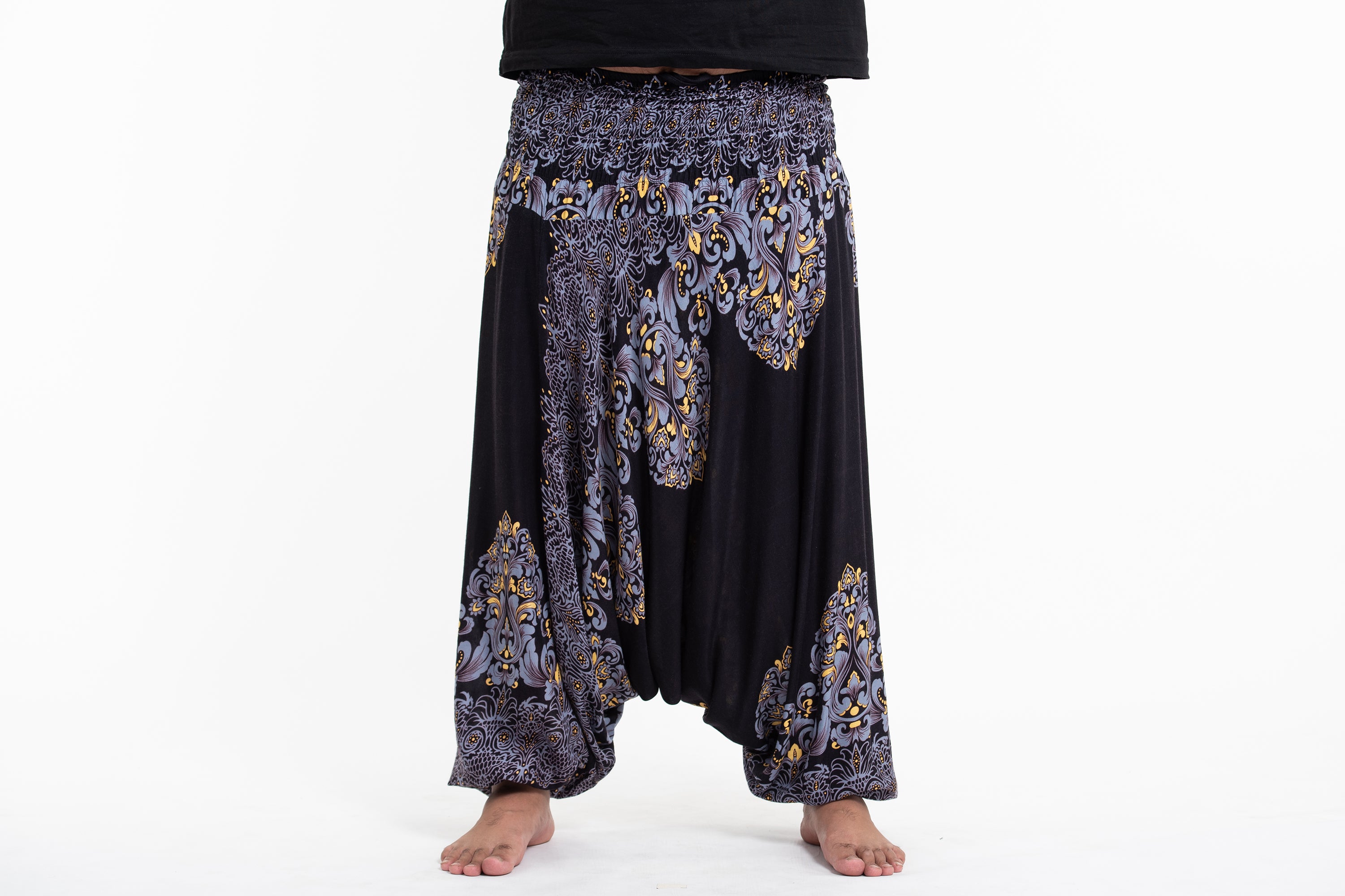 Plus Size Floral Vines Drop Crotch Men's Harem Pants in Black