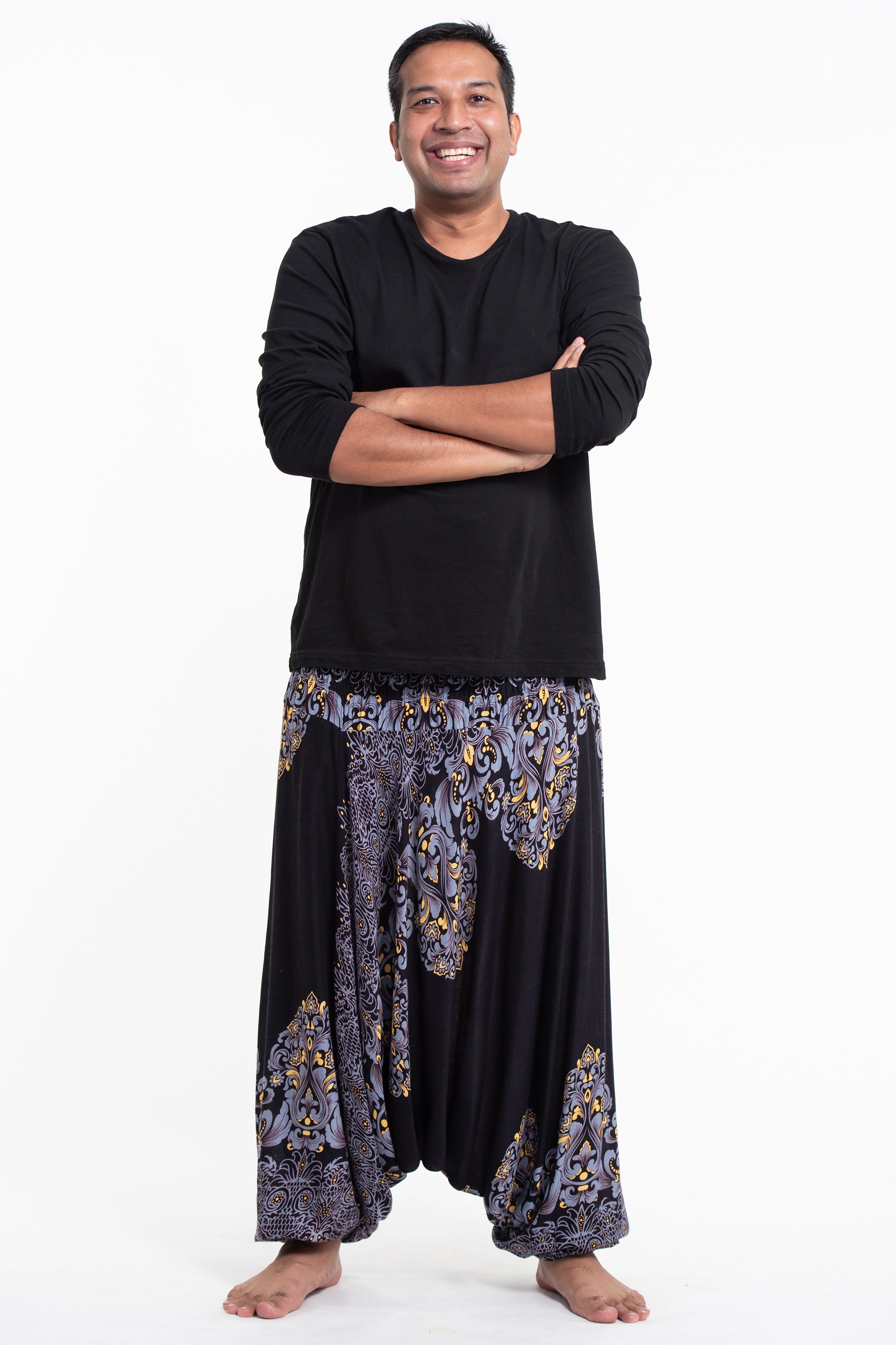 Plus Size Floral Vines Drop Crotch Men's Harem Pants in Black
