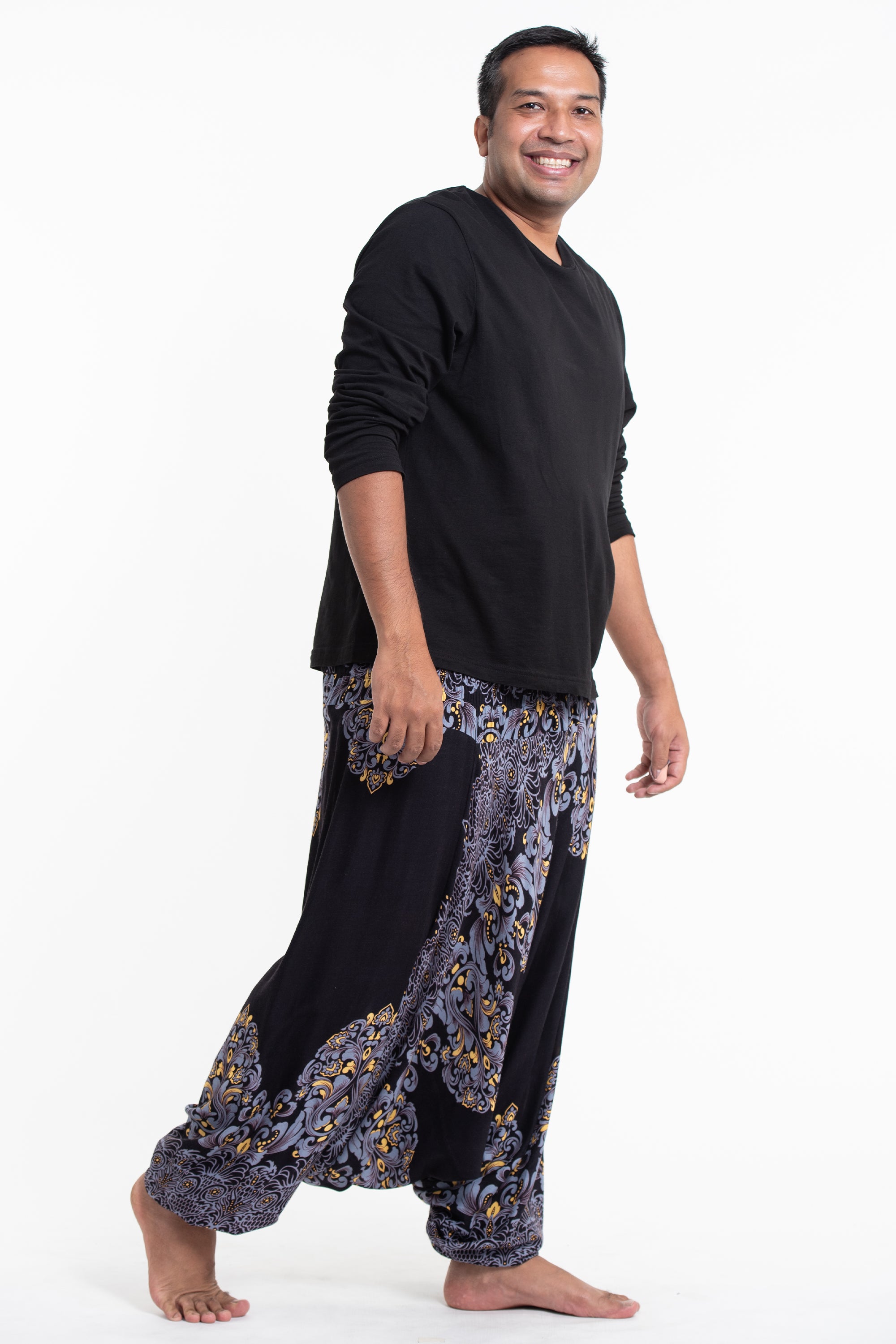 Plus Size Floral Vines Drop Crotch Men's Harem Pants in Black