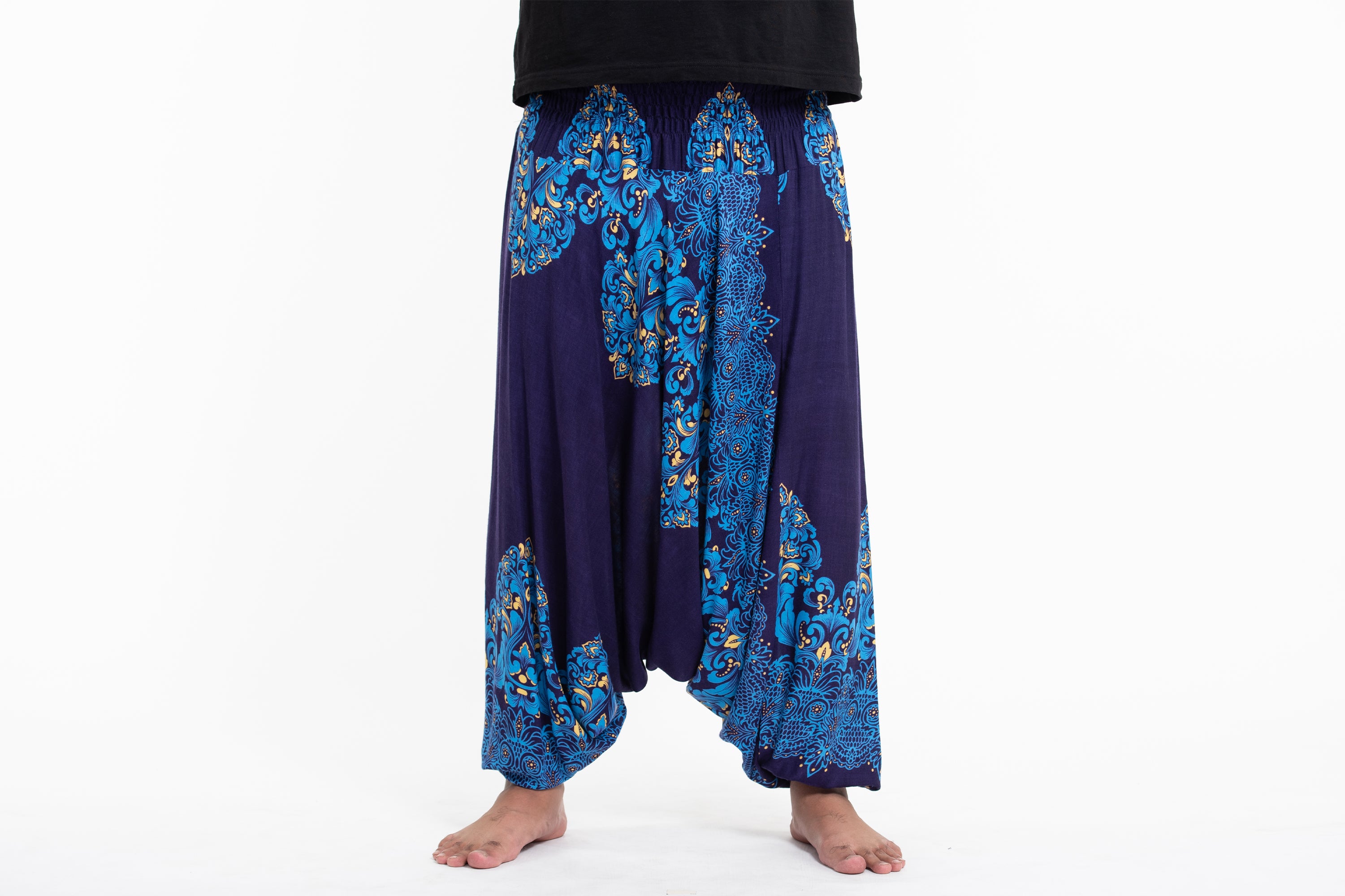Plus Size Floral Vines Drop Crotch Men's Harem Pants in Blue