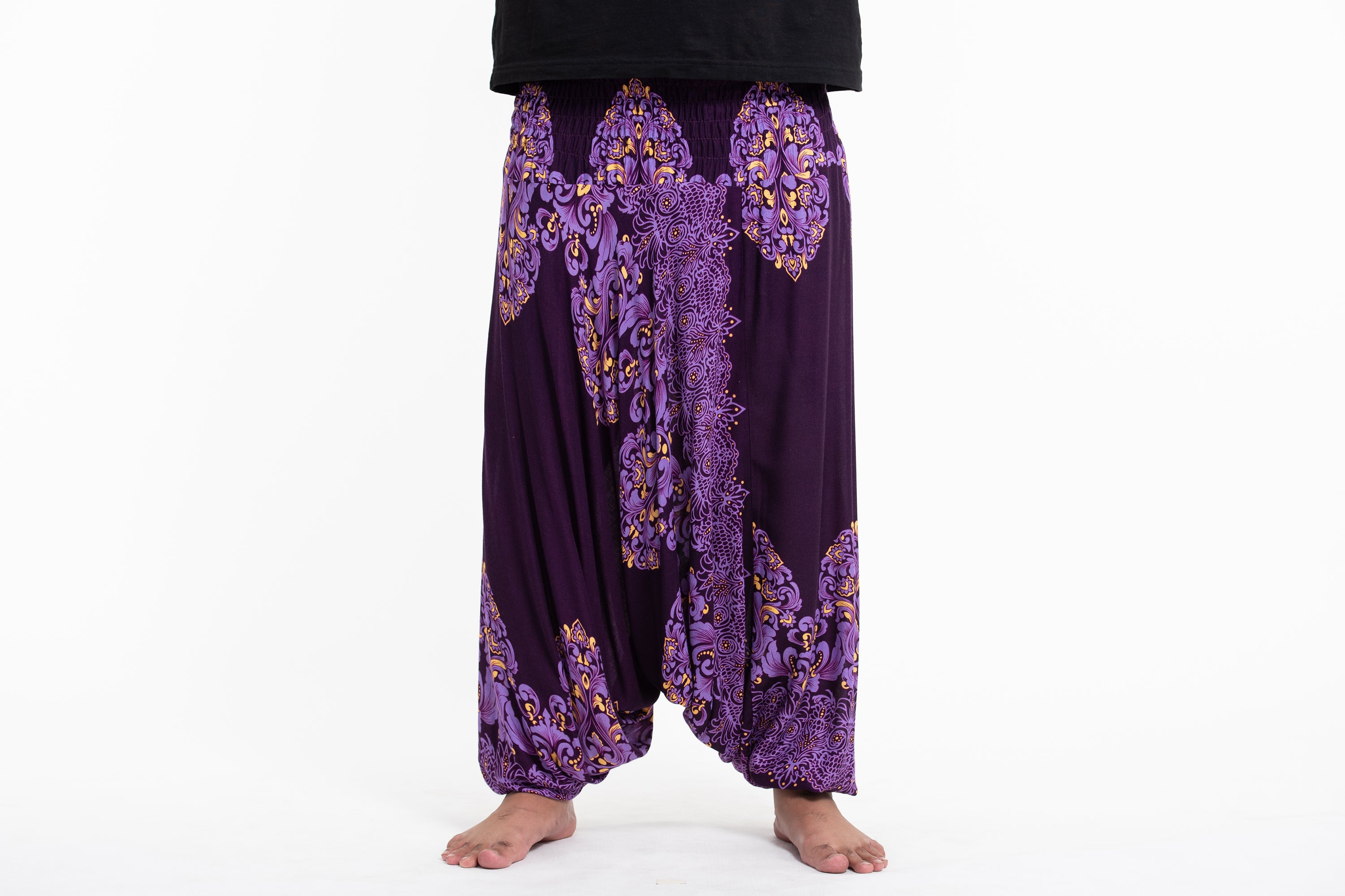 Plus Size Floral Vines Drop Crotch Men's Harem Pants in Purple