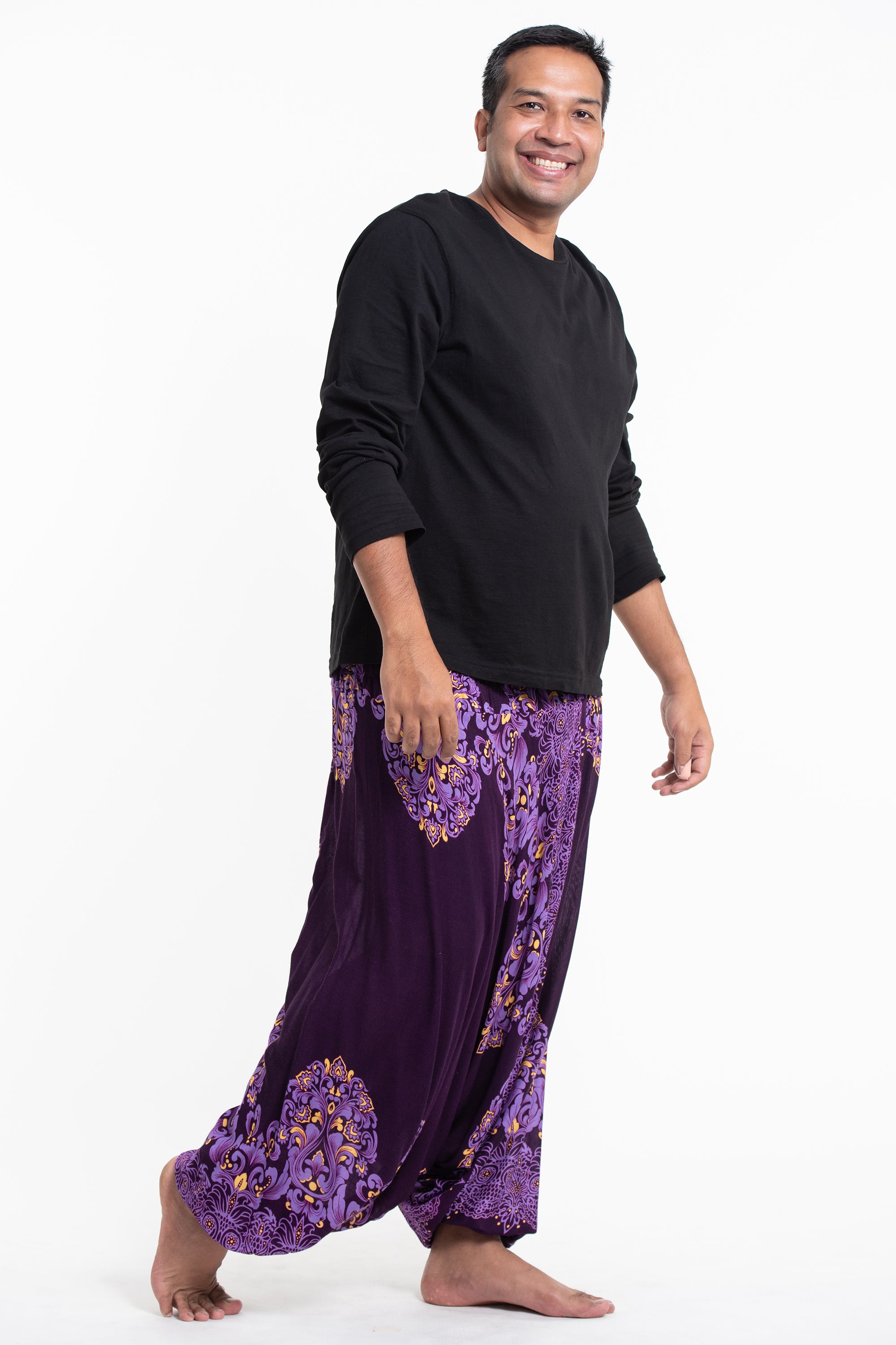 Plus Size Floral Vines Drop Crotch Men's Harem Pants in Purple