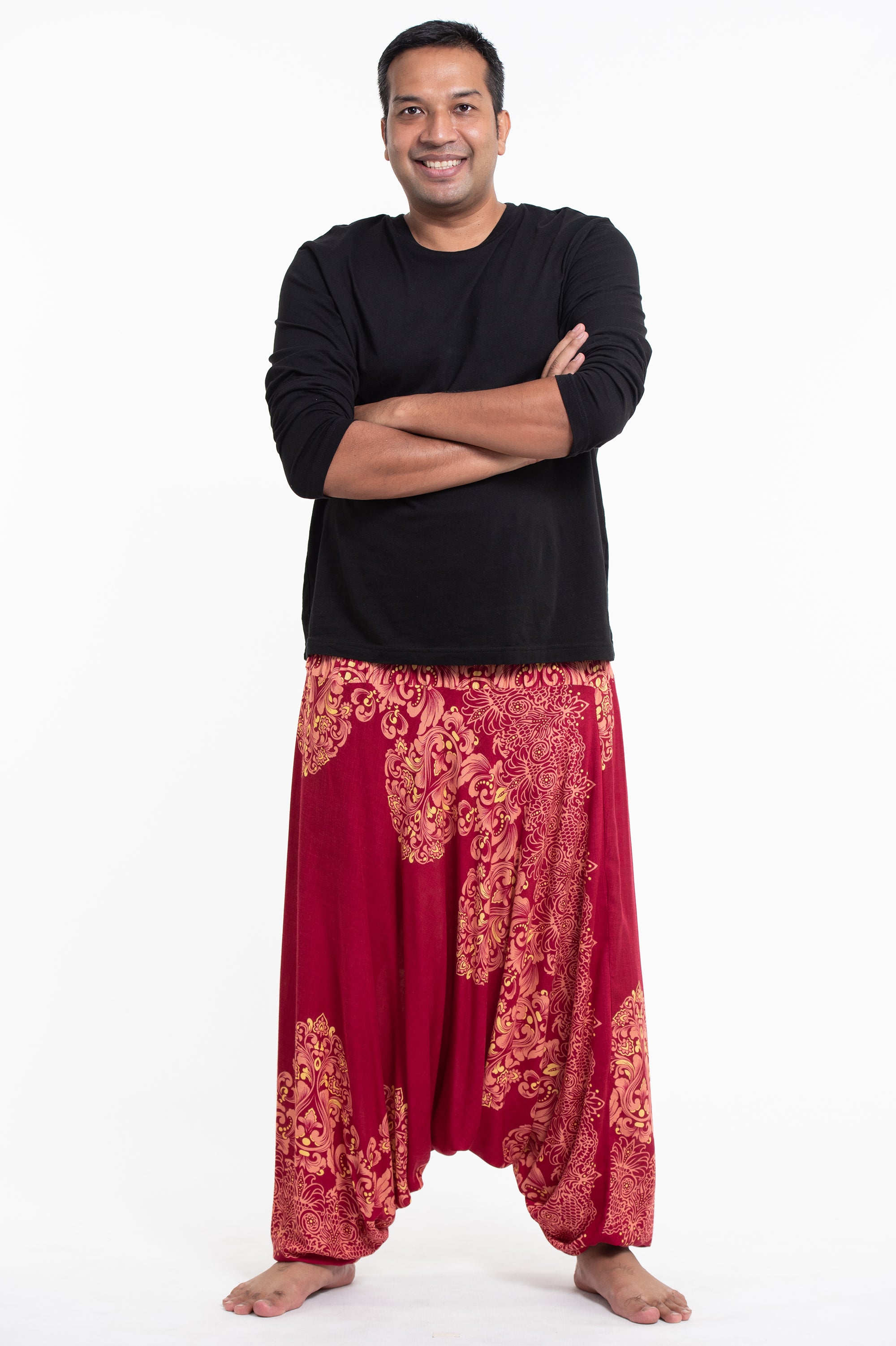 Plus Size Floral Vines Drop Crotch Men's Harem Pants in Red