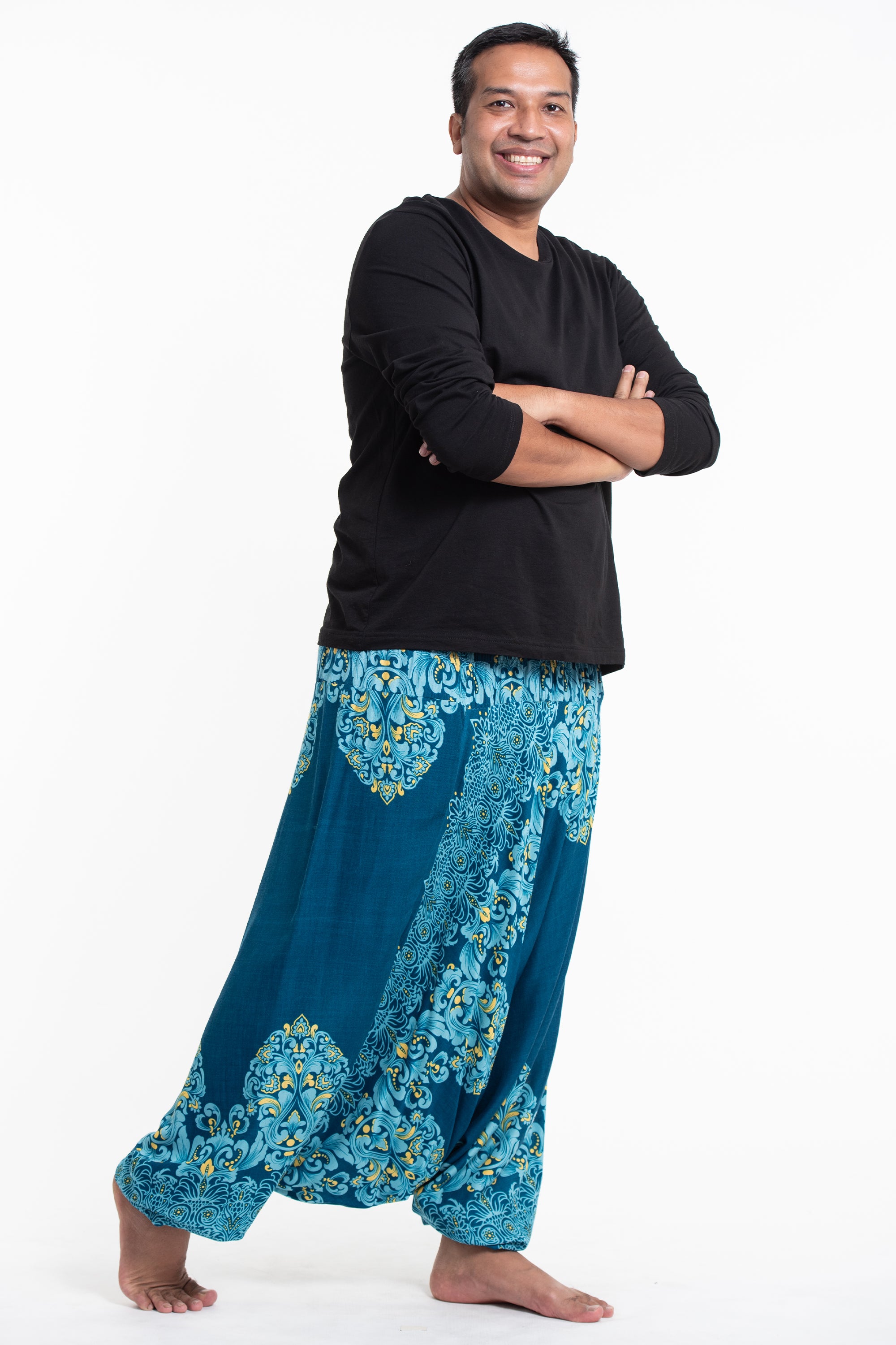 Plus Size Floral Vines Drop Crotch Men's Harem Pants in Turquoise