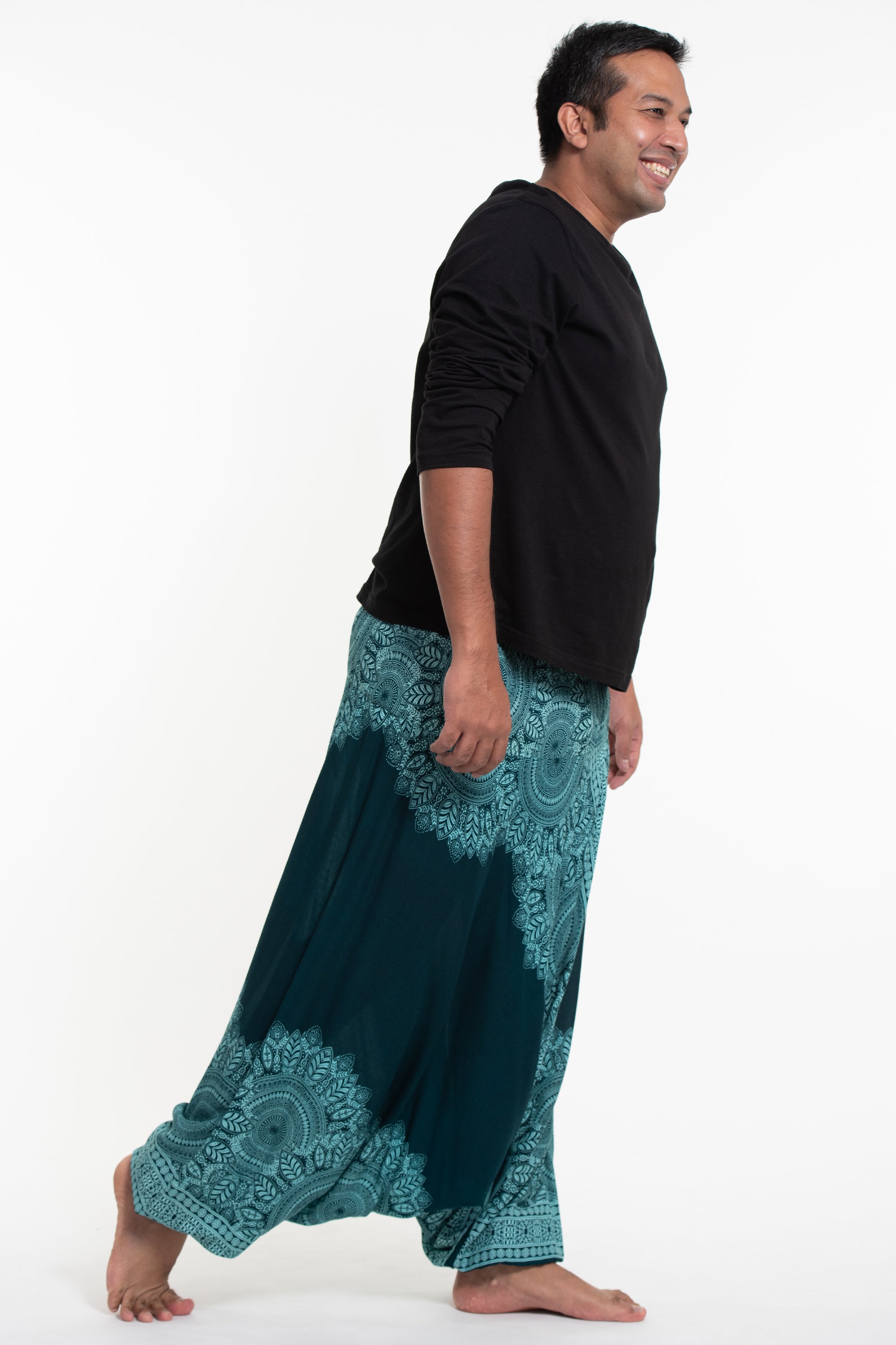 Plus Size Floral Mandalas Drop Crotch Men's Harem Pants in Teal