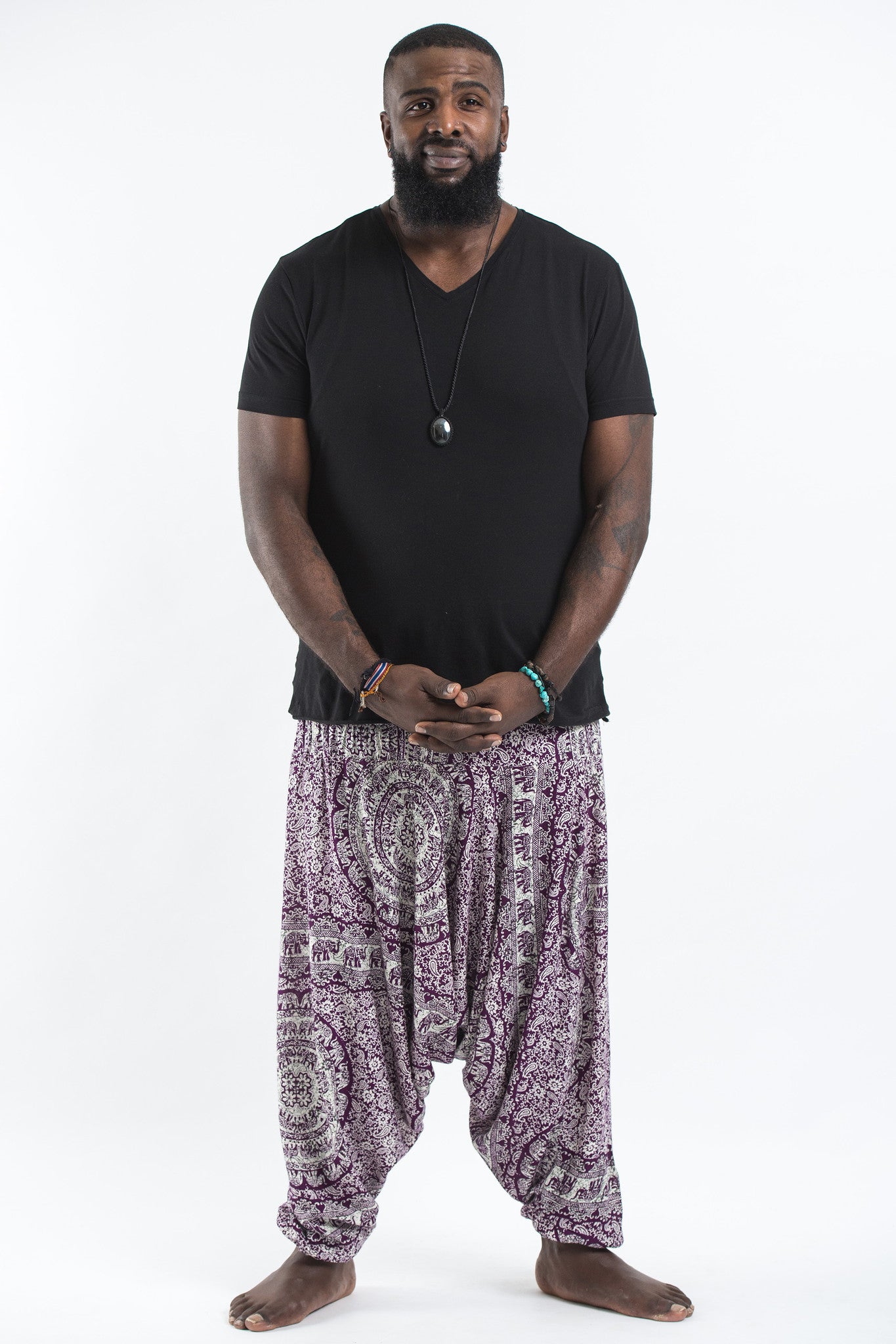 Plus Size Paisley Elephant Drop Crotch Men's Elephant Pants in Purple
