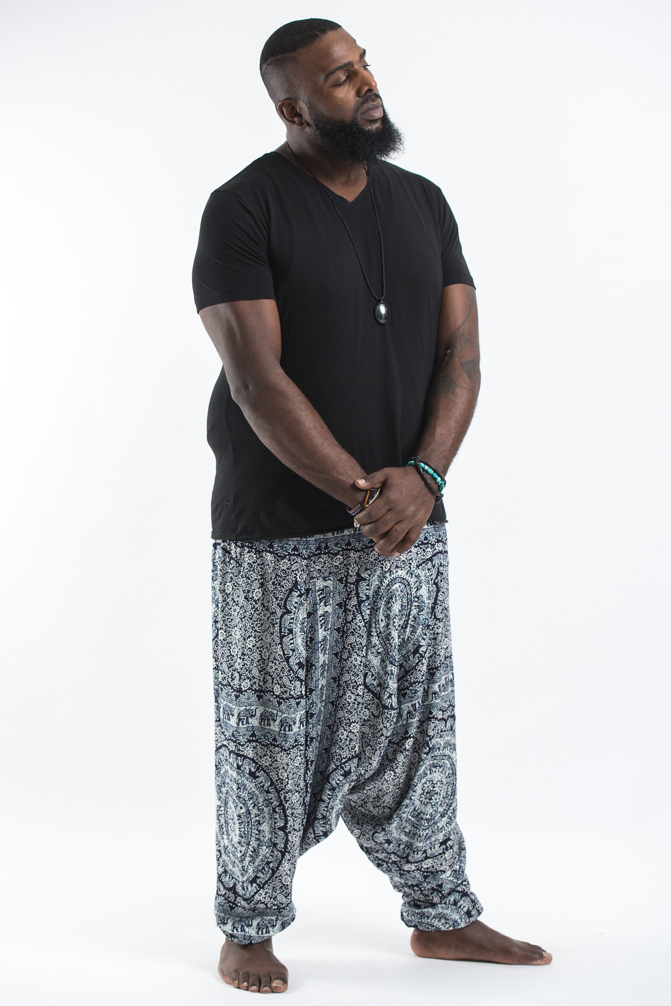 Plus Size Paisley Elephant Drop Crotch Men's Elephant Pants in Blue