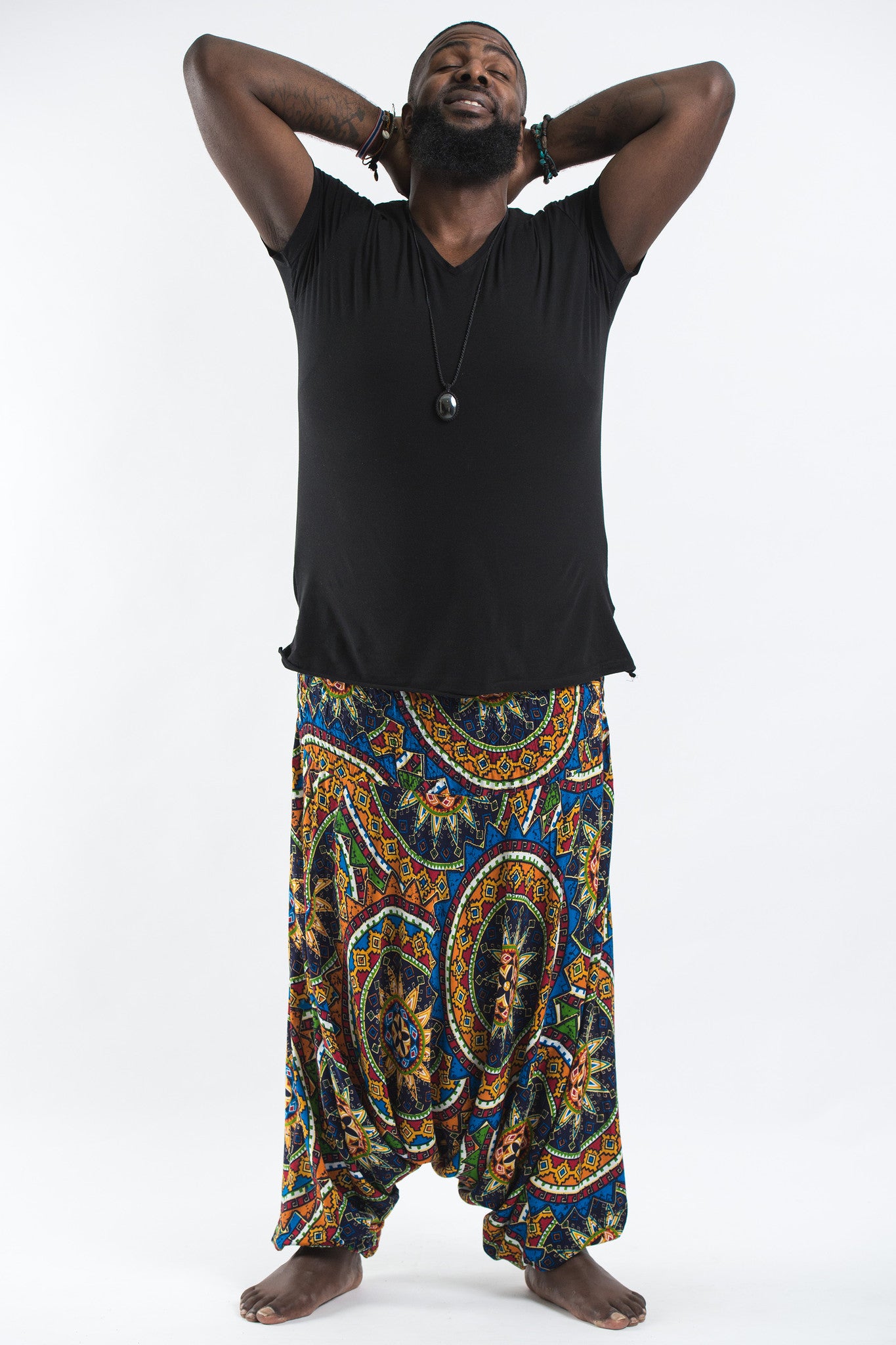Plus Size Star Mandalas Drop Crotch Men's Harem Pants in Blue