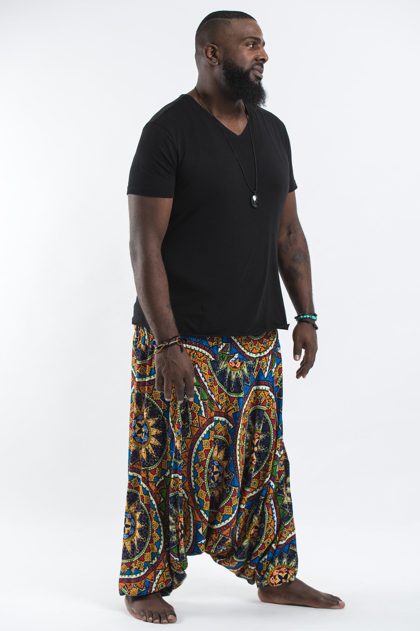 Plus Size Star Mandalas Drop Crotch Men's Harem Pants in Blue