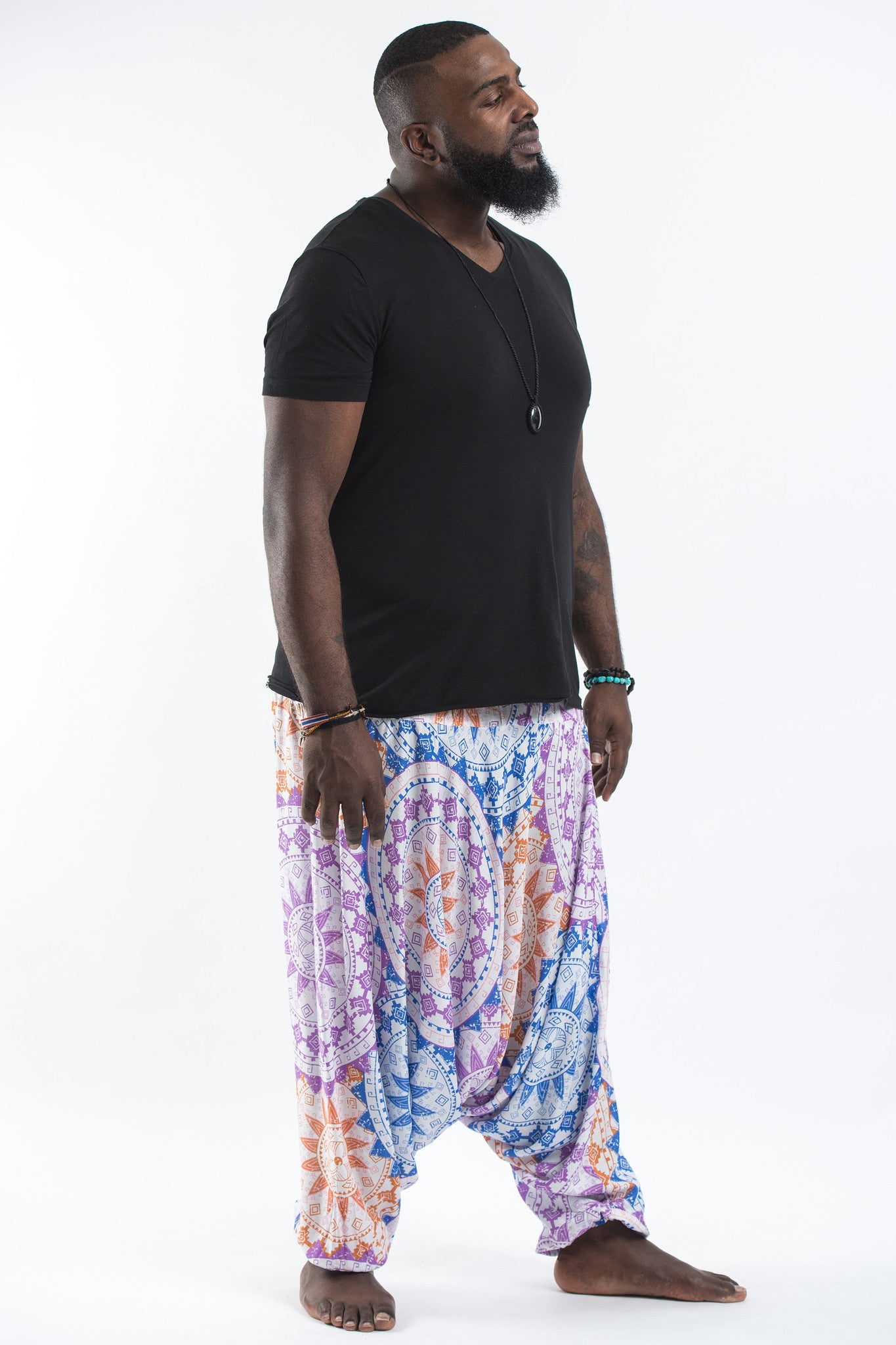 Plus Size Star Mandalas Drop Crotch Men's Harem Pants in Purple