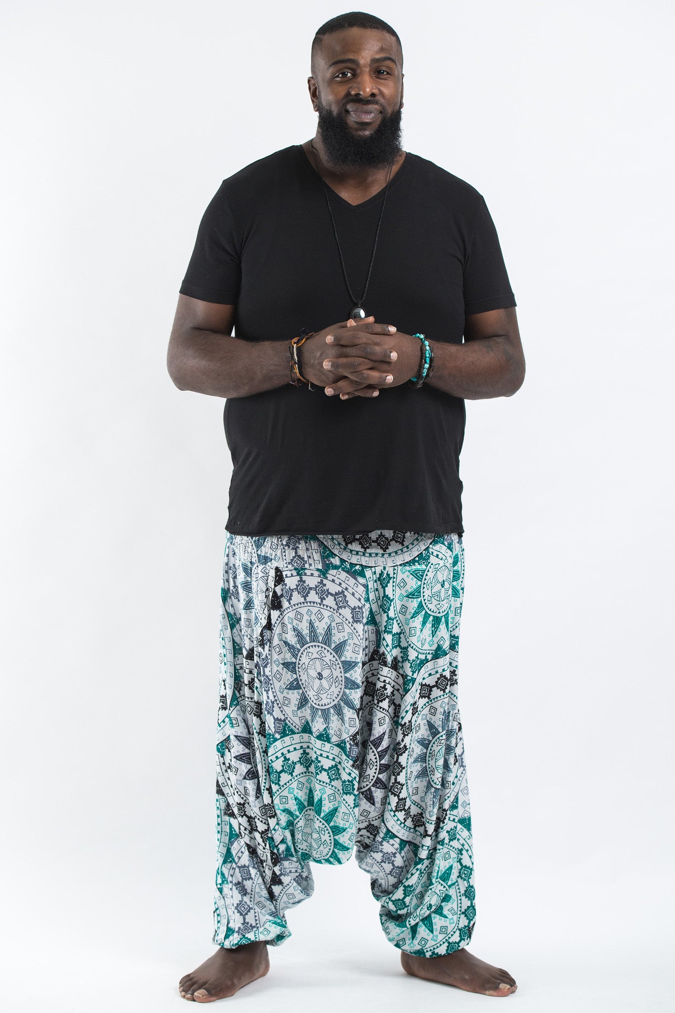 Plus Size Star Mandalas Drop Crotch Men's Harem Pants in Green