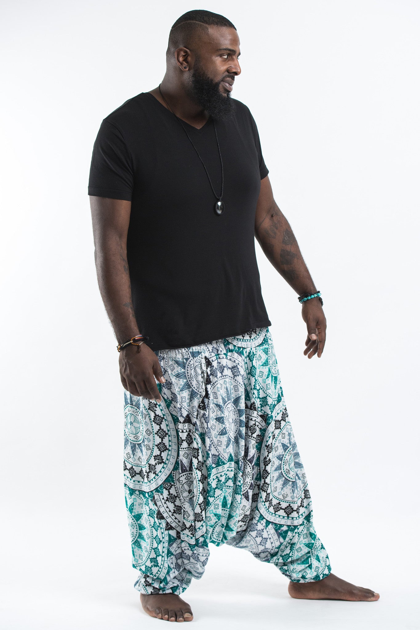 Plus Size Star Mandalas Drop Crotch Men's Harem Pants in Green