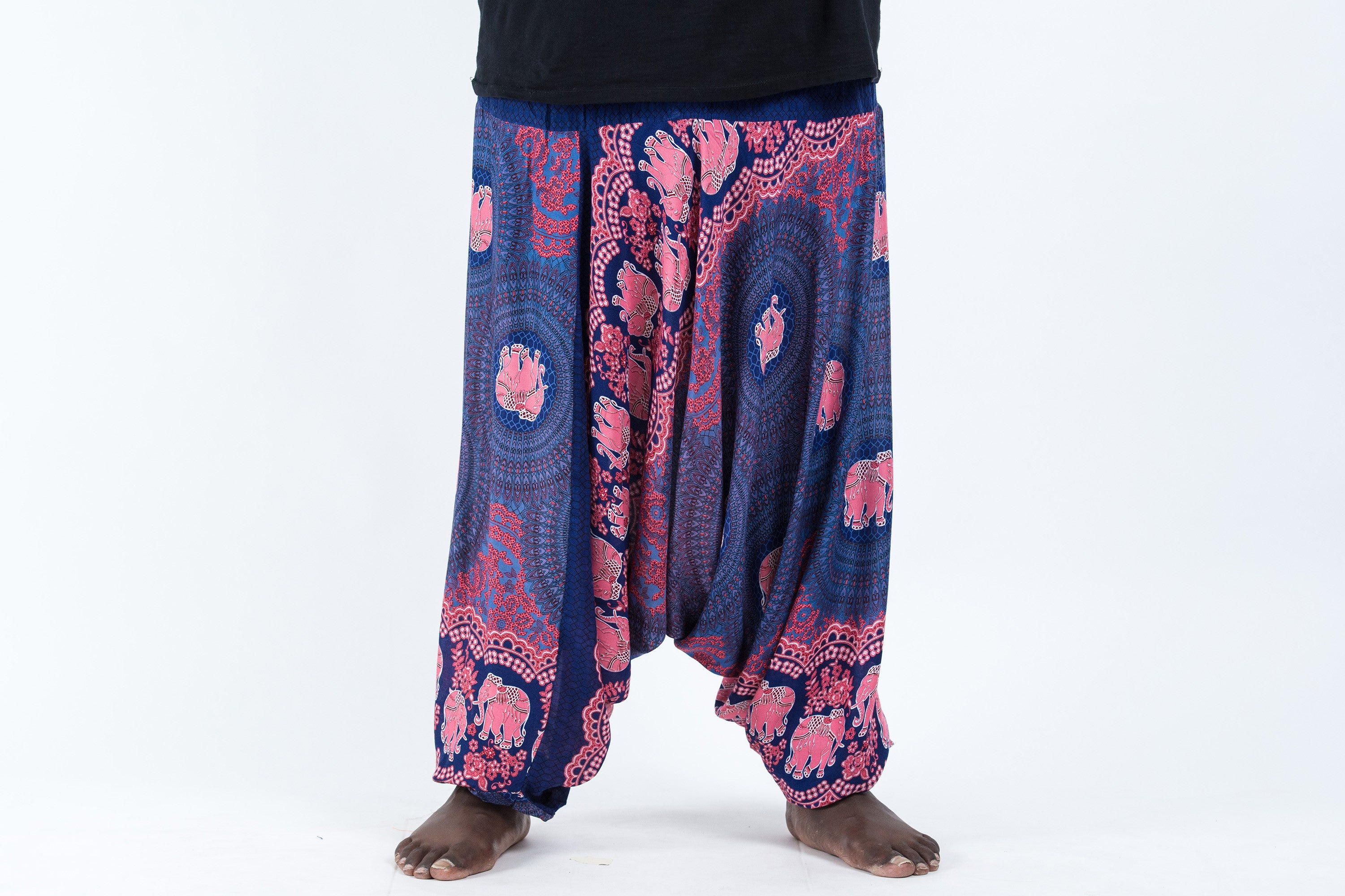 Plus Size Mandala Elephant Drop Crotch Men's Elephant Pants in Blue