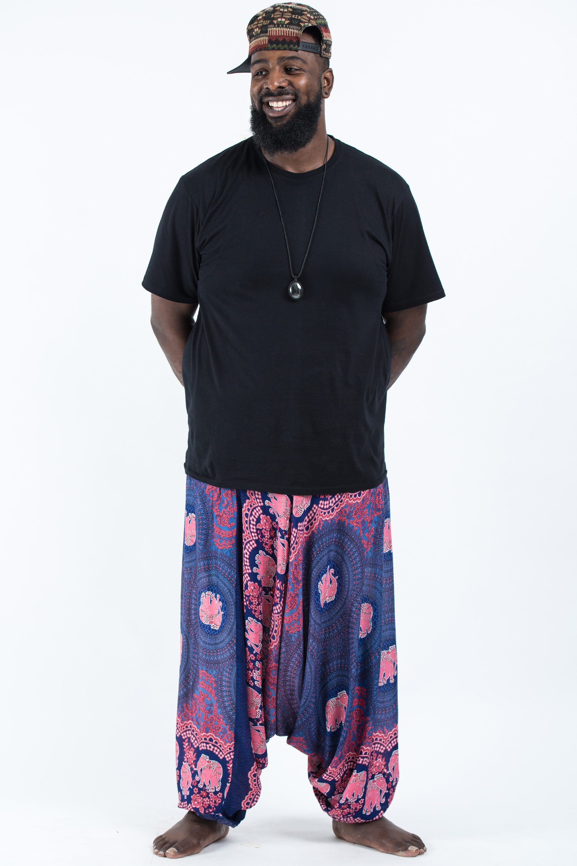 Plus Size Mandala Elephant Drop Crotch Men's Elephant Pants in Blue