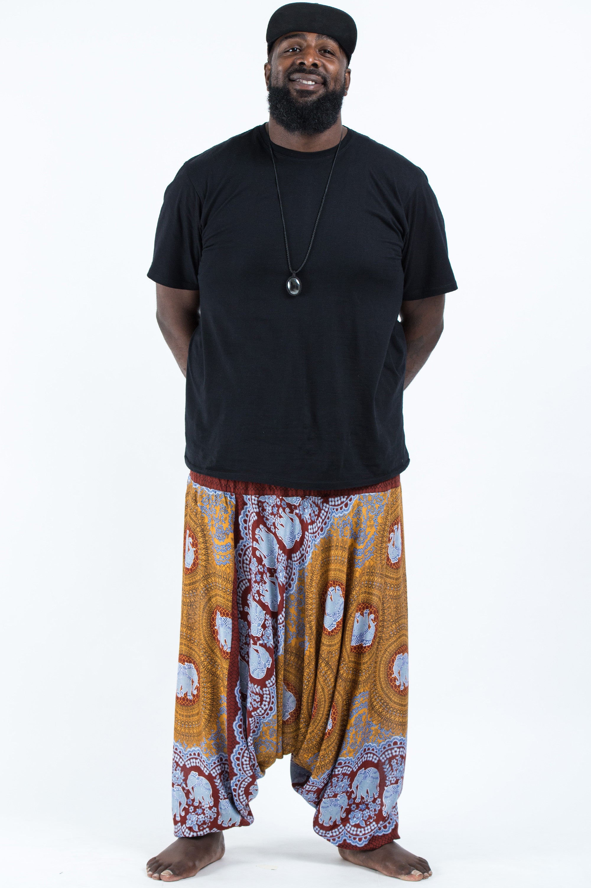Plus Size Mandala Elephant Drop Crotch Men's Elephant Pants in Bronze