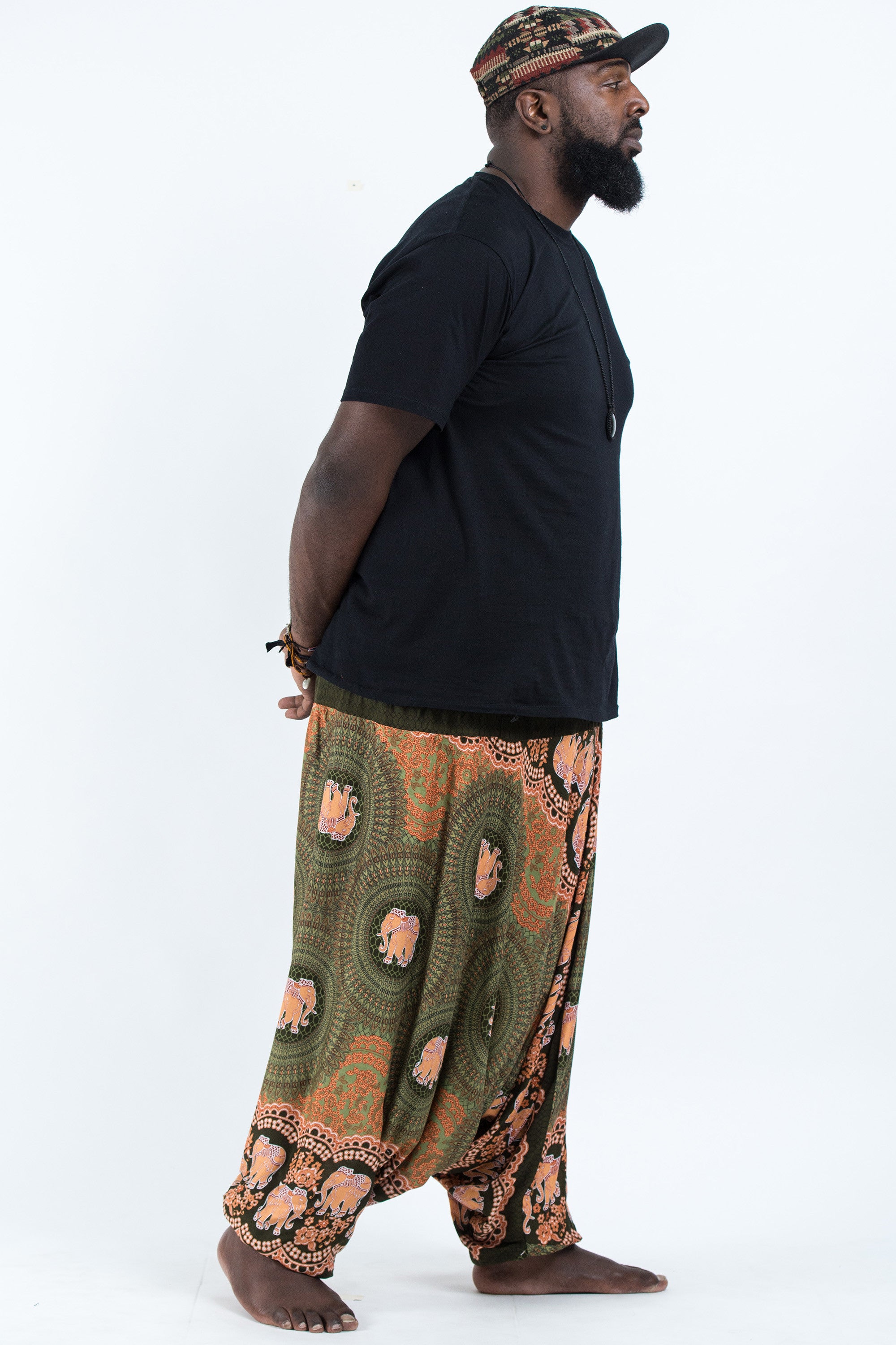 Plus Size Mandala Elephant Drop Crotch Men's Elephant Pants in Olive