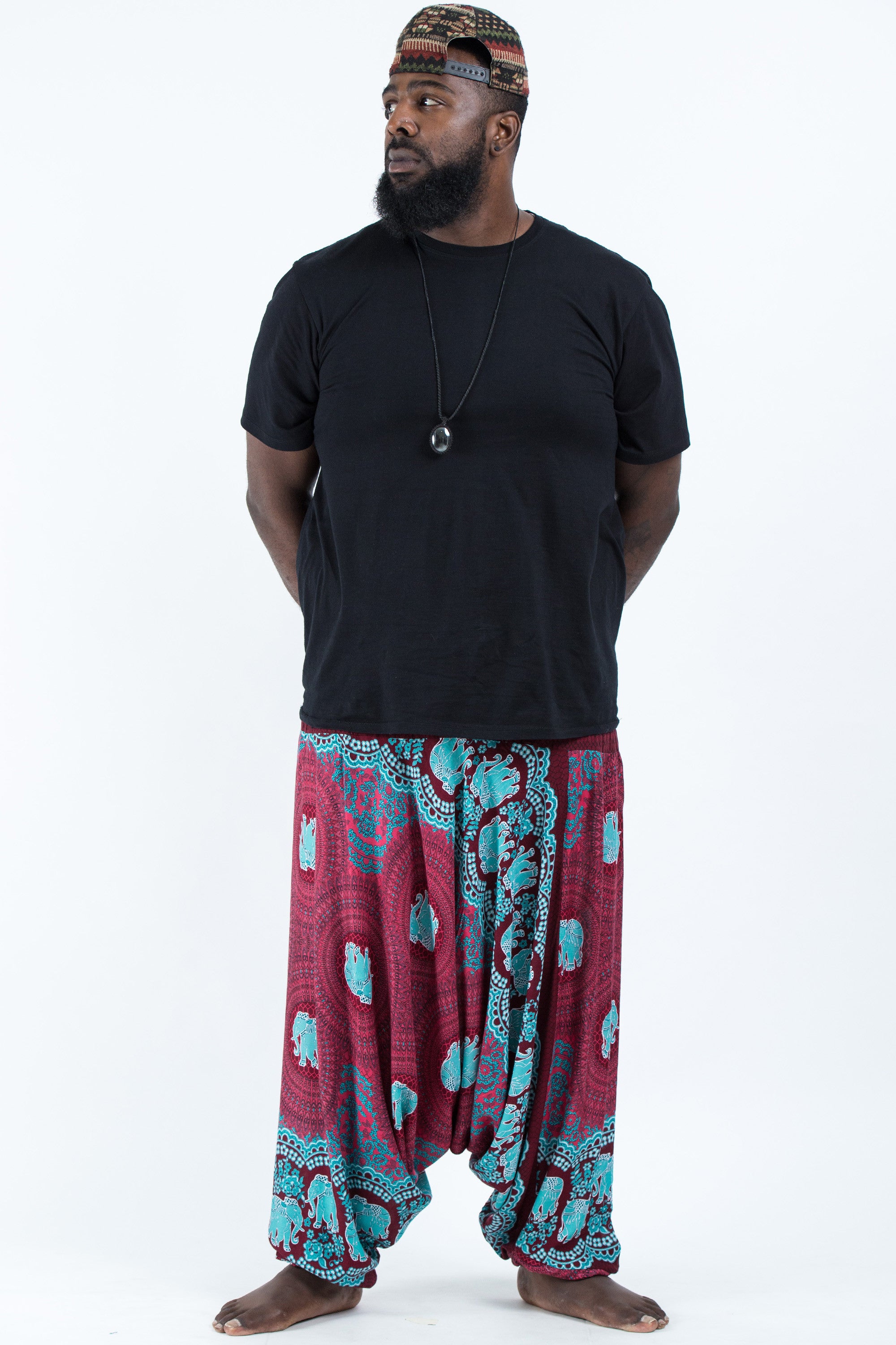 Plus Size Mandala Elephant Drop Crotch Men's Elephant Pants in Red