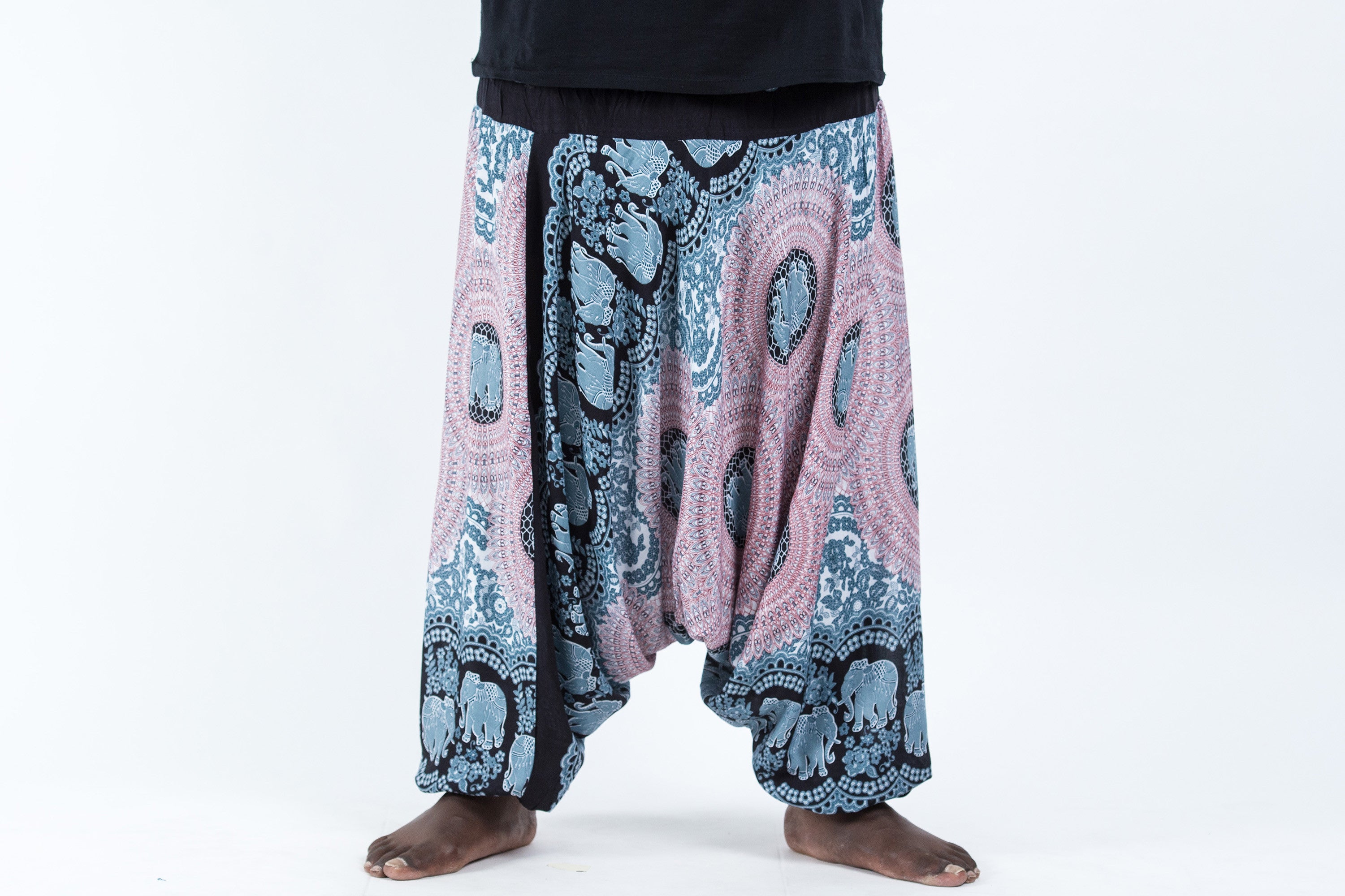 Plus Size Mandala Elephant Drop Crotch Men's Elephant Pants in Silver Gray