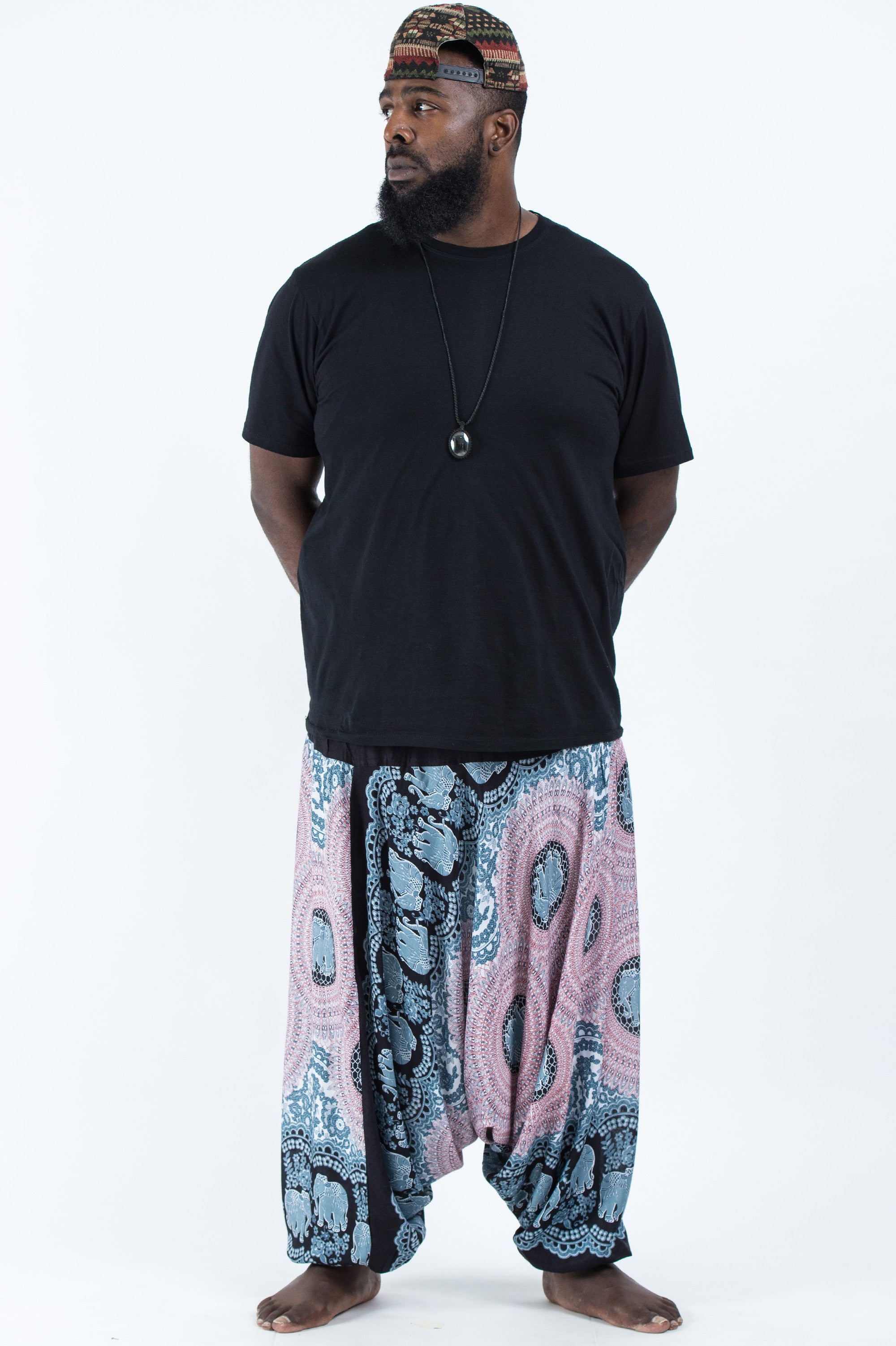 Plus Size Mandala Elephant Drop Crotch Men's Elephant Pants in Silver Gray