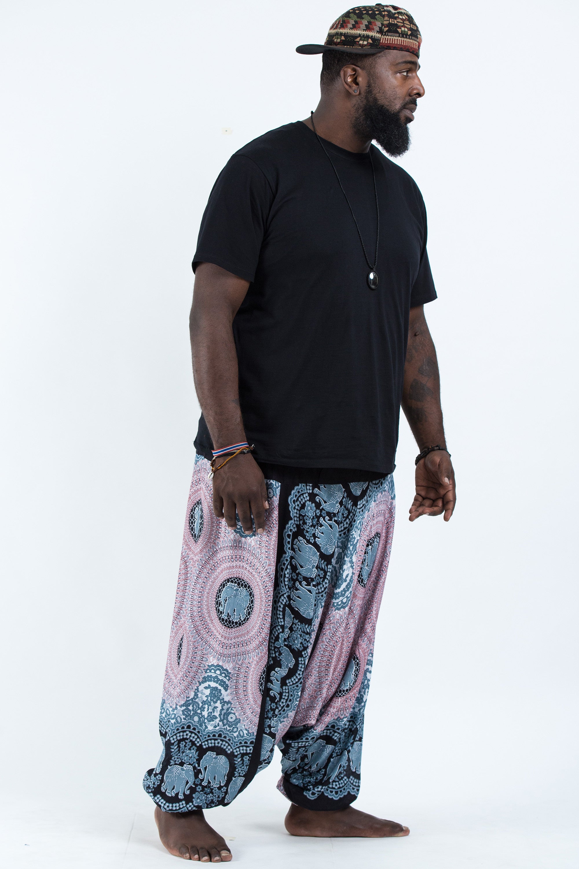 Plus Size Mandala Elephant Drop Crotch Men's Elephant Pants in Silver Gray