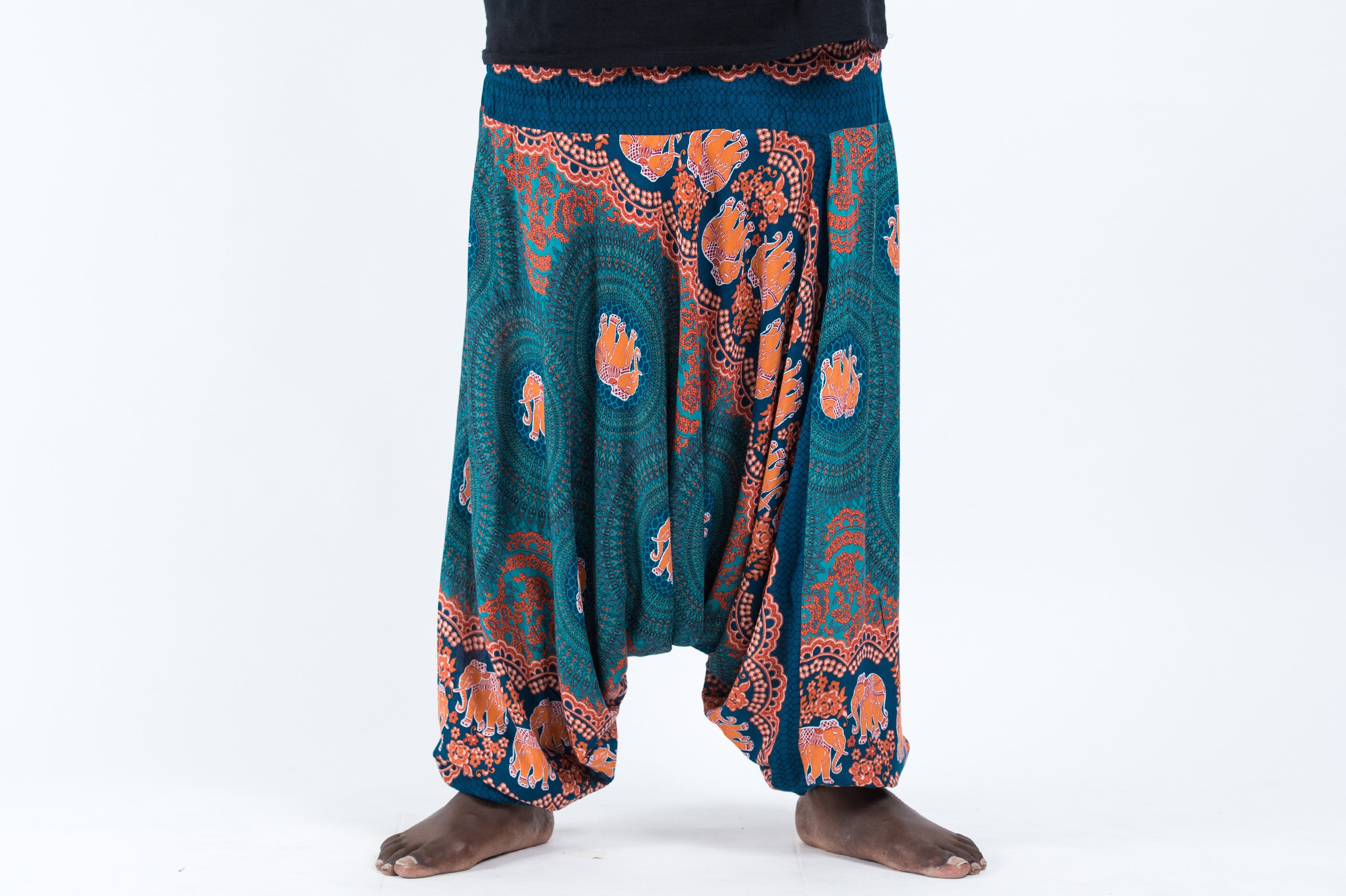 Plus Size Mandala Elephant Drop Crotch Men's Elephant Pants in Turquoise