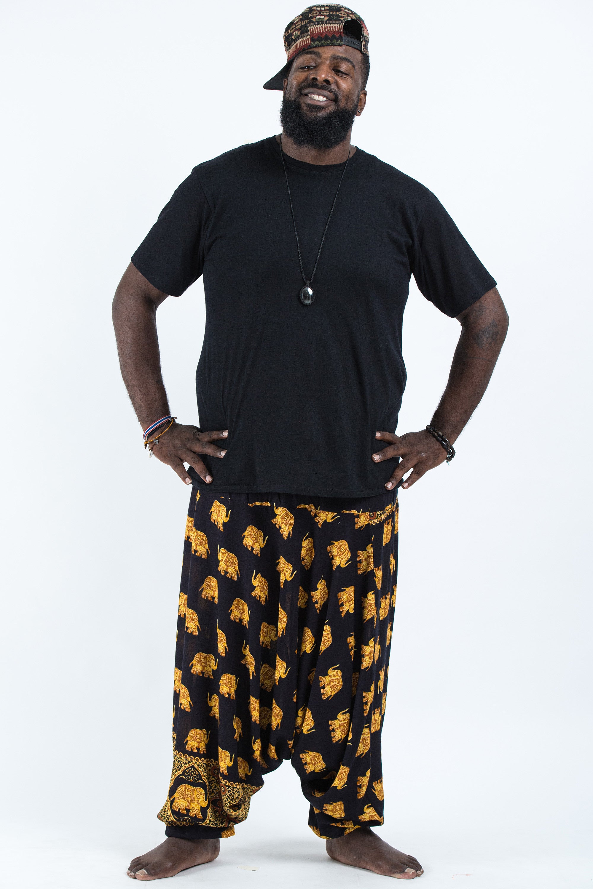 Plus Size Golden Elephant Drop Crotch Men's Elephant Pants in Black
